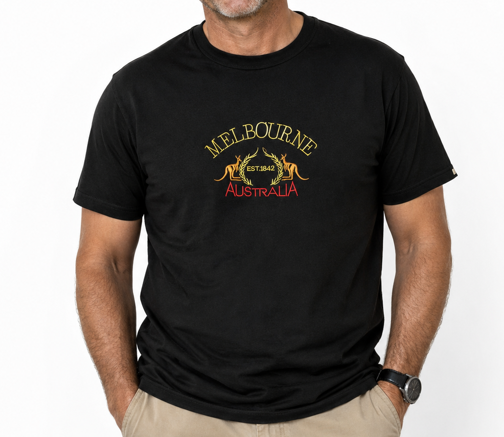 Adult Australia "Melbourne" Kangaroo T Shirt Australia Day Souvenir Tee Top 100% Cotton in Black