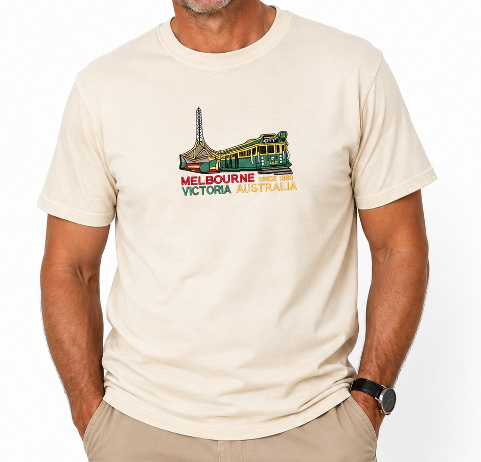 Adult Australia "Melbourne Victoria" T Shirt Australia Day Souvenir Tee Top 100% Cotton in Cream