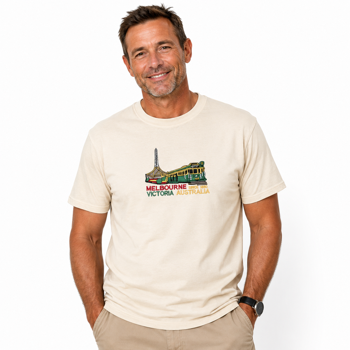 Adult Australia "Melbourne Victoria" T Shirt Australia Day Souvenir Tee Top 100% Cotton in Cream