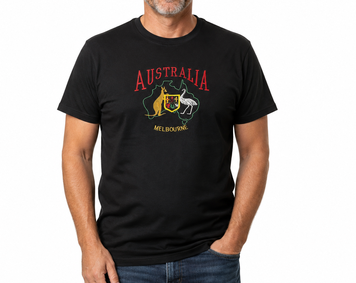Adult Australia T Shirt Kangaroo Emu Melbourne 100% Cotton Souvenir Tee Top - Black