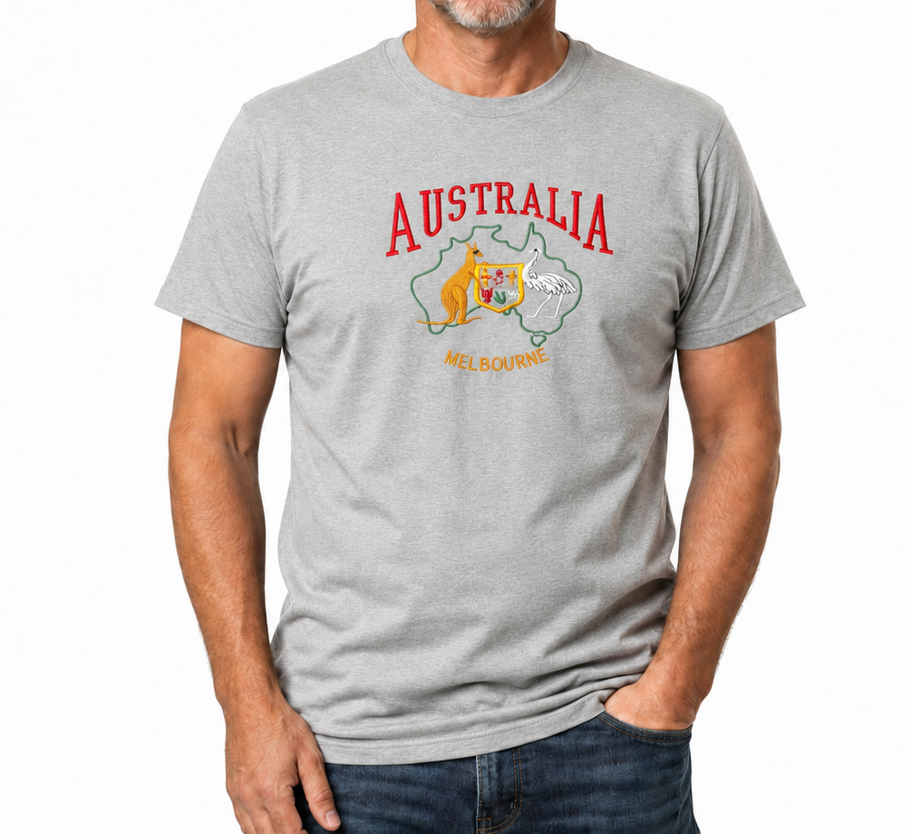 Adult Australia T Shirt Kangaroo Emu Melbourne 100% Cotton Souvenir Tee Top - Grey