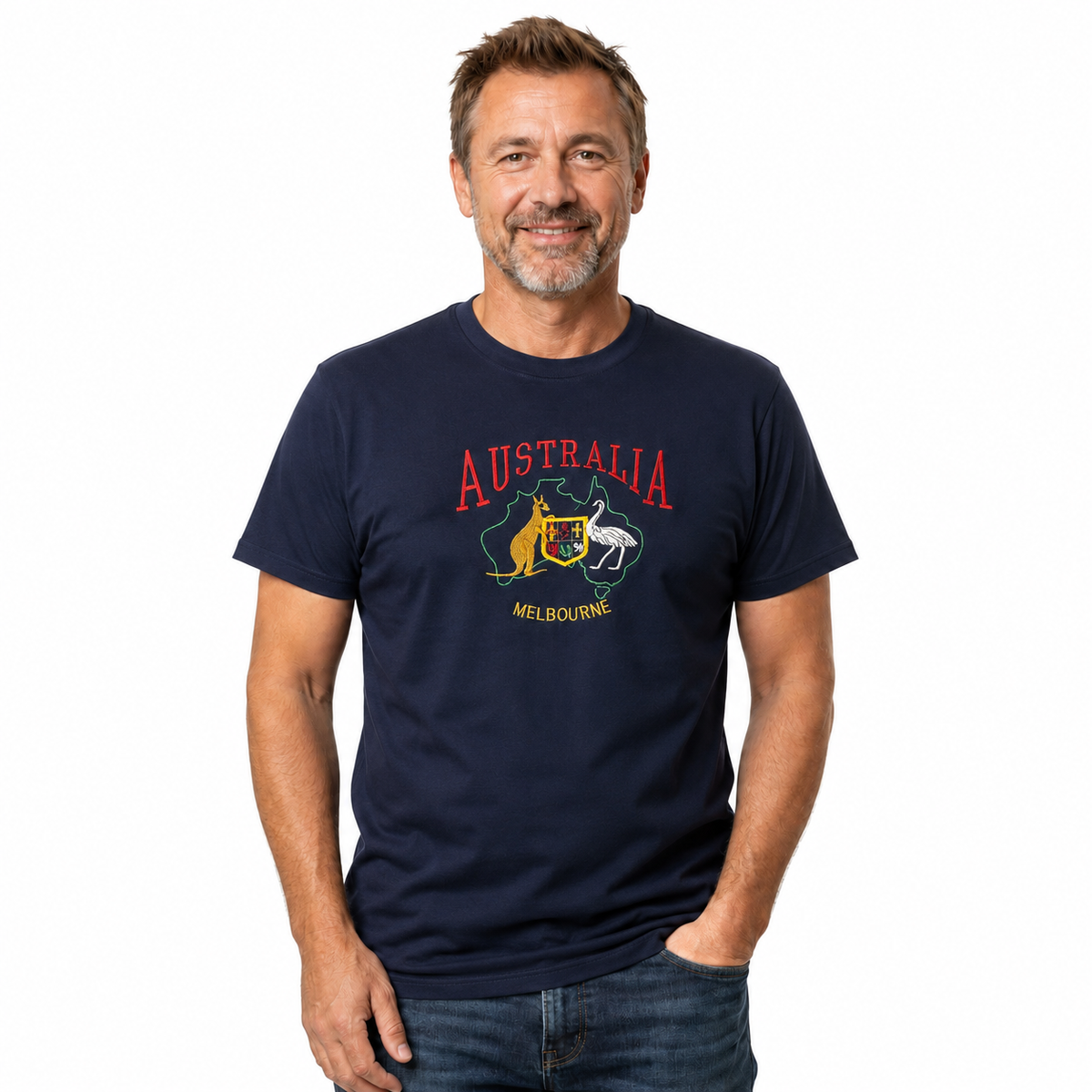 Adult Australia T Shirt Kangaroo Emu Melbourne 100% Cotton Souvenir Tee Top - Navy
