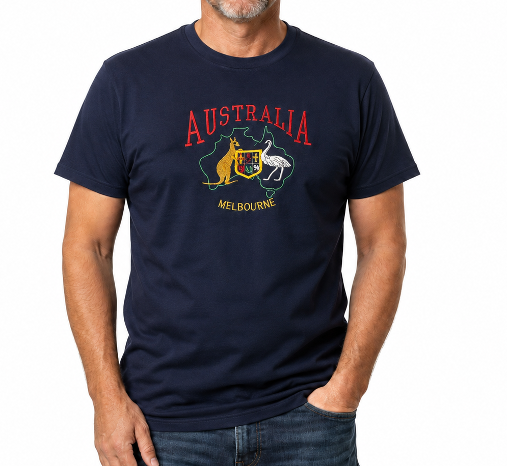 Adult Australia T Shirt Kangaroo Emu Melbourne 100% Cotton Souvenir Tee Top - Navy