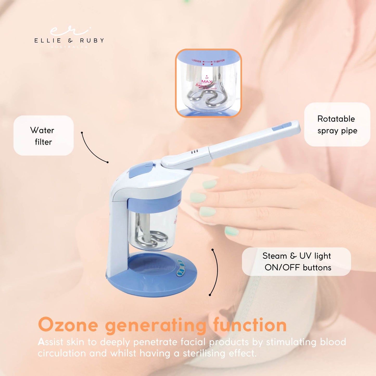 Ellie & Ruby 2-in-1 Facial Hair Steamer Ozone Steam Machine Portable Tabletop-2