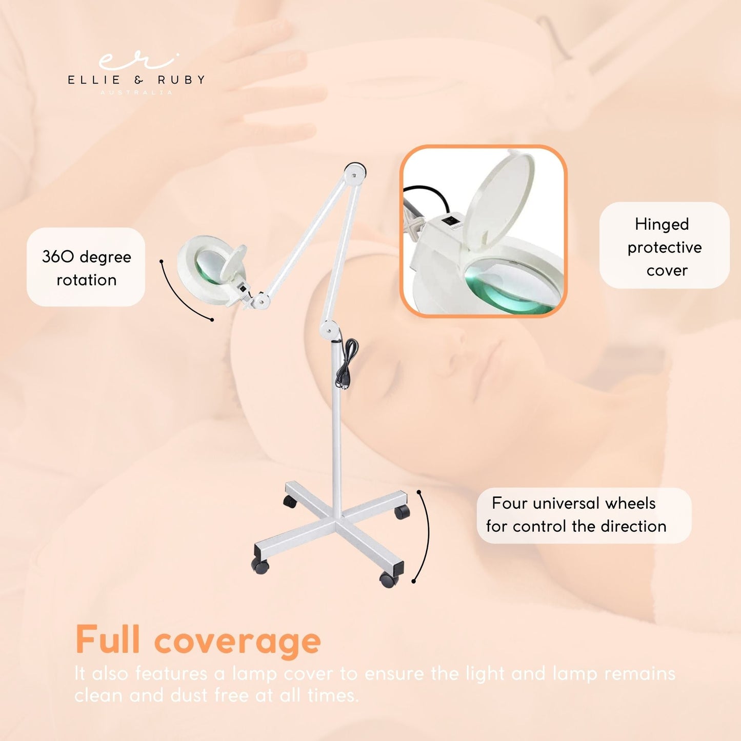 Ellie & Ruby 5x Magnifying Floor Lamp - Glass Lens Light and Wheeled Stand White-3