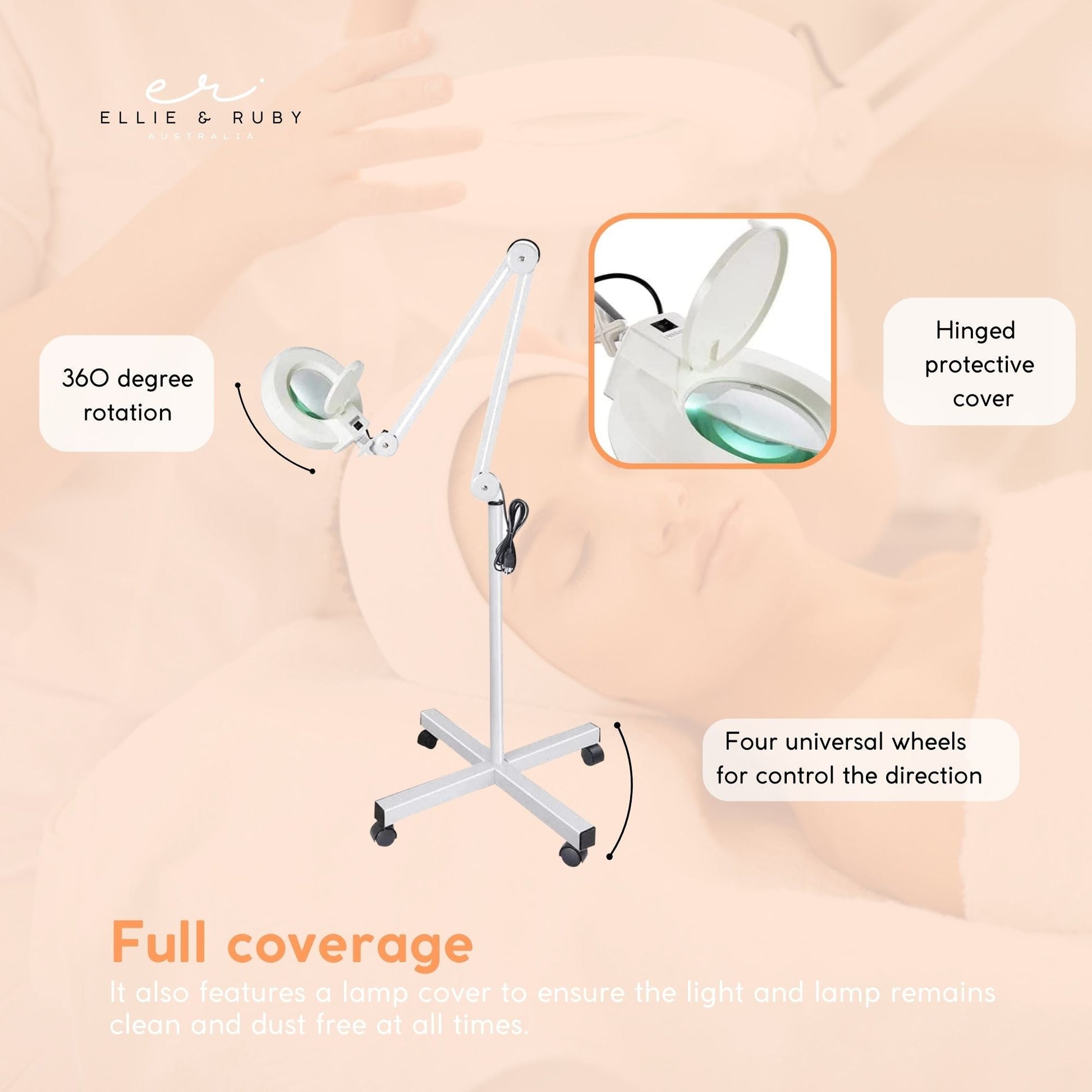 Ellie & Ruby 5x Magnifying Floor Lamp - Glass Lens Light and Wheeled Stand White-3
