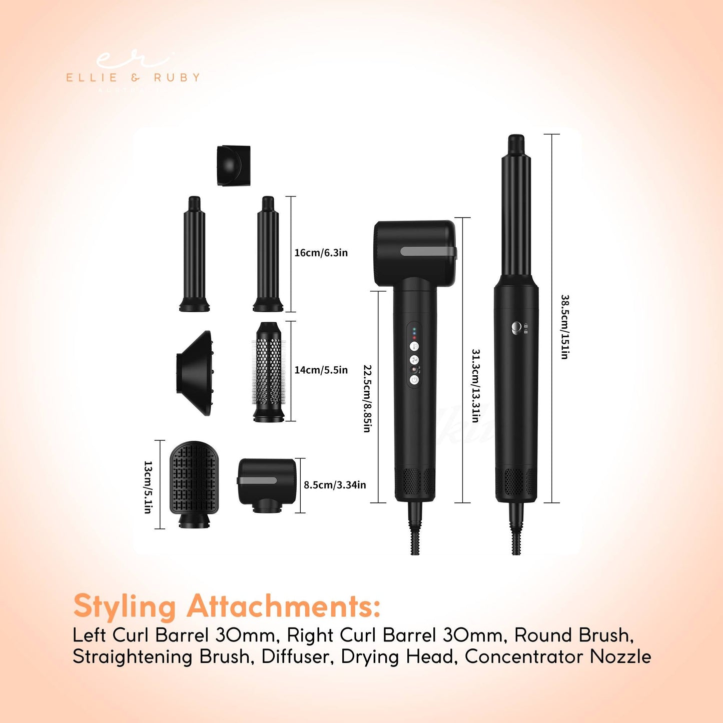 Ellie & Ruby 7-in-1 Hot Air Hair Styler Dryer Brush Curler Black 1400W-2