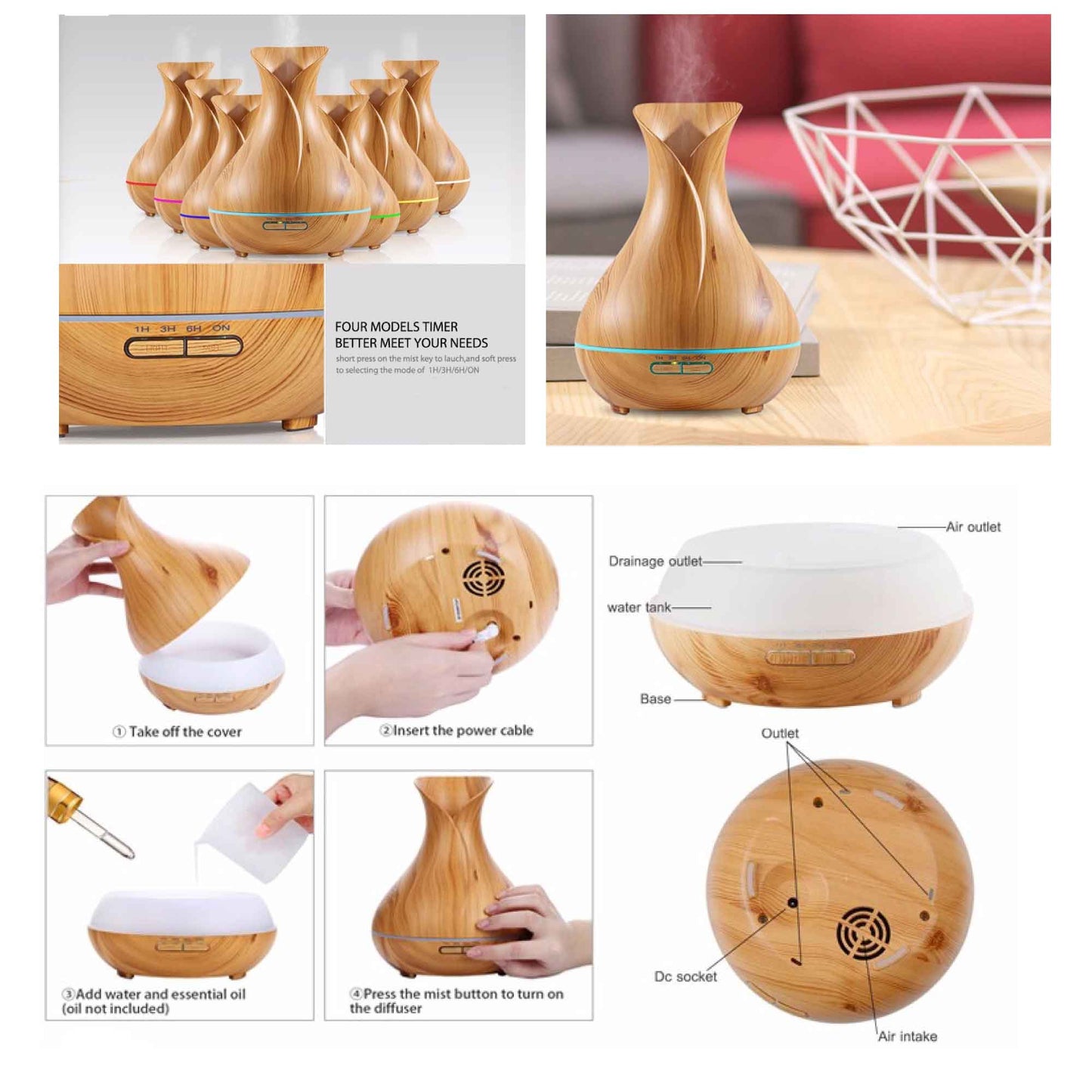 Essential Oil Aroma Diffuser Tulip Light Wood  -Ultrasonic Mist Humidifier-3