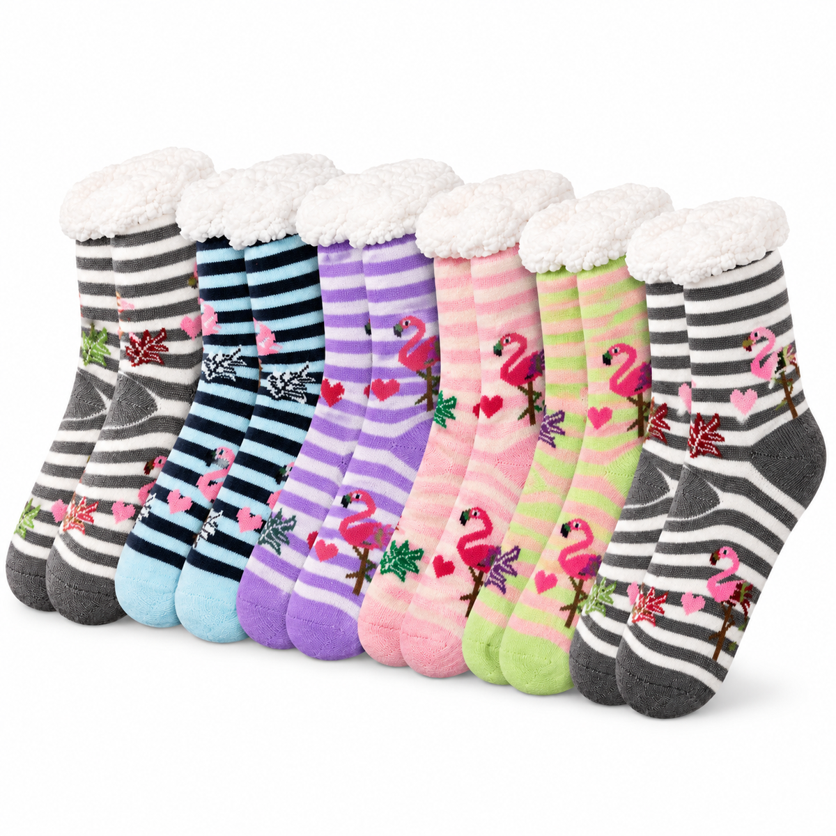6 Pairs Ladies Thick Fur Bed Socks Womens Sherpa Fluffy Non Slip - Assorted Flamingo