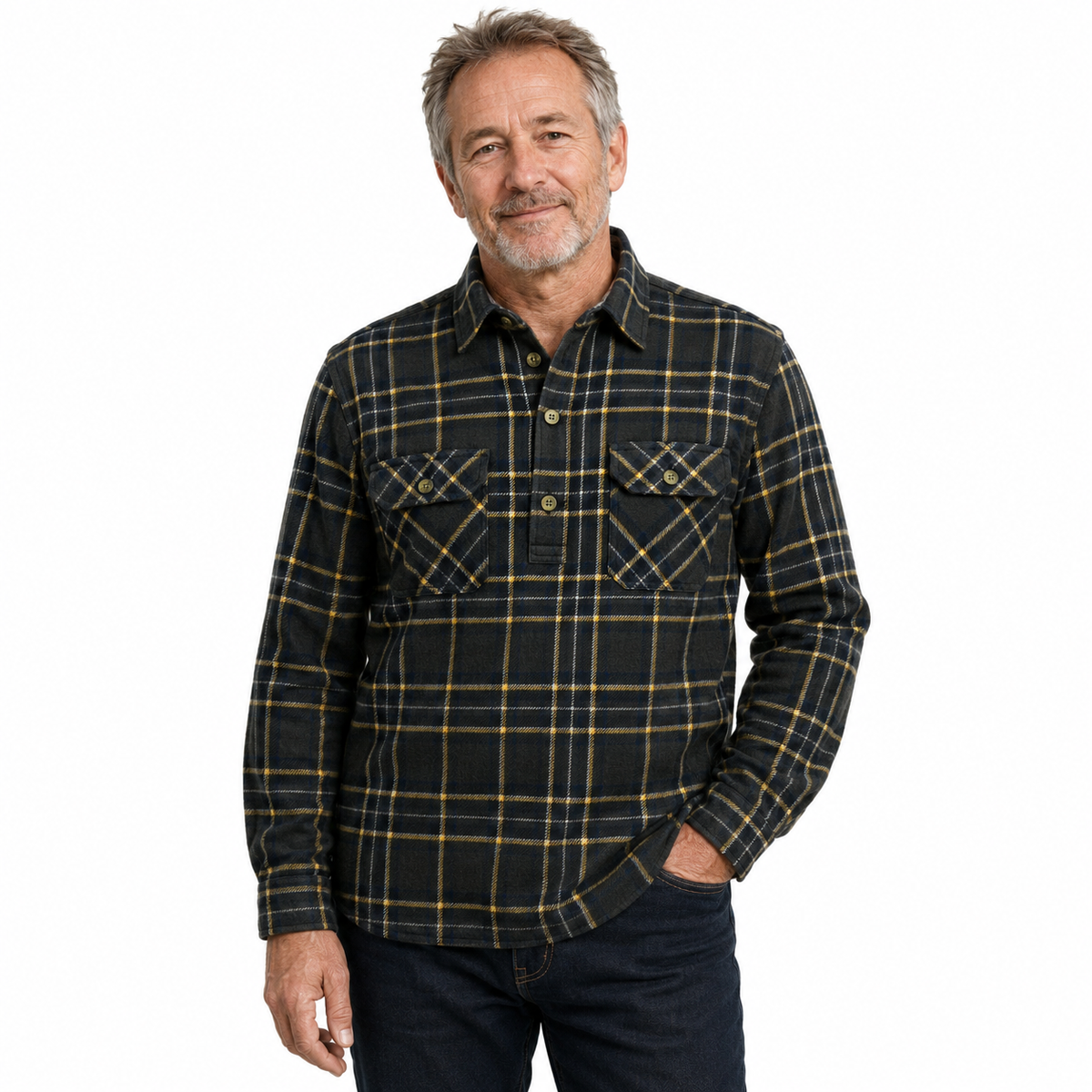 Mens Button Up FLANNELETTE SHIRT Check 100% COTTON Flannel Vintage - Charcoal 29 (Half Placket)