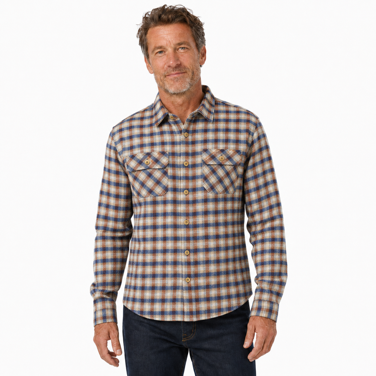 Mens FLANNELETTE SHIRT Check 100% COTTON Flannel Vintage Long Sleeve - Beige (Full Placket)