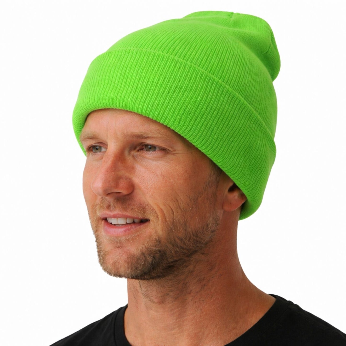 Unisex Fluro Beanie Hi Vis Knit Winter Hat Ski Cap One Size - Fluro Green