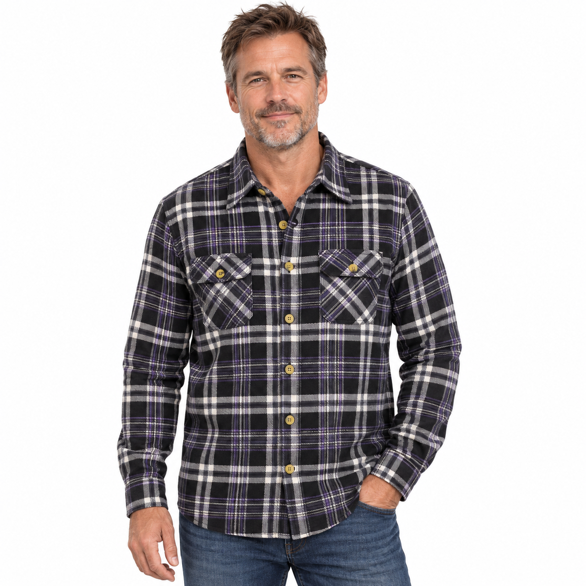 Mens Flannelette Shirt 100% Cotton Check Authentic Flannel Long Sleeve Vintage - Black/Purple - S