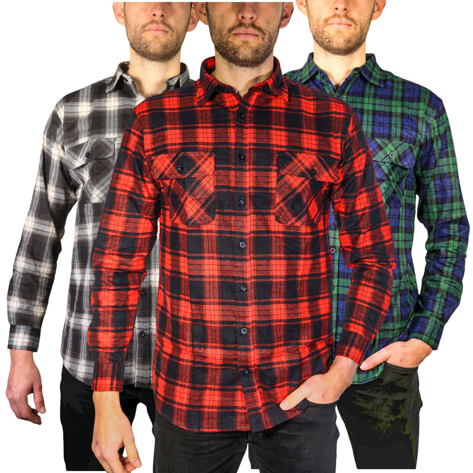 Mens Flannelette Long Sleeve Shirt 100% Cotton Check Authentic Flannel - Full Placket-1