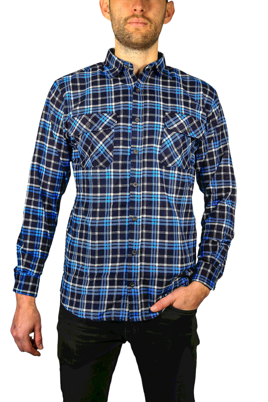 Mens Flannelette Long Sleeve Shirt 100% Cotton Check Authentic Flannel - Full Placket - Turquoise/Black-6