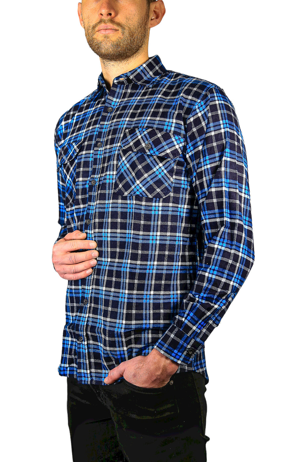 Mens Flannelette Long Sleeve Shirt 100% Cotton Check Authentic Flannel - Full Placket - Turquoise/Black-4