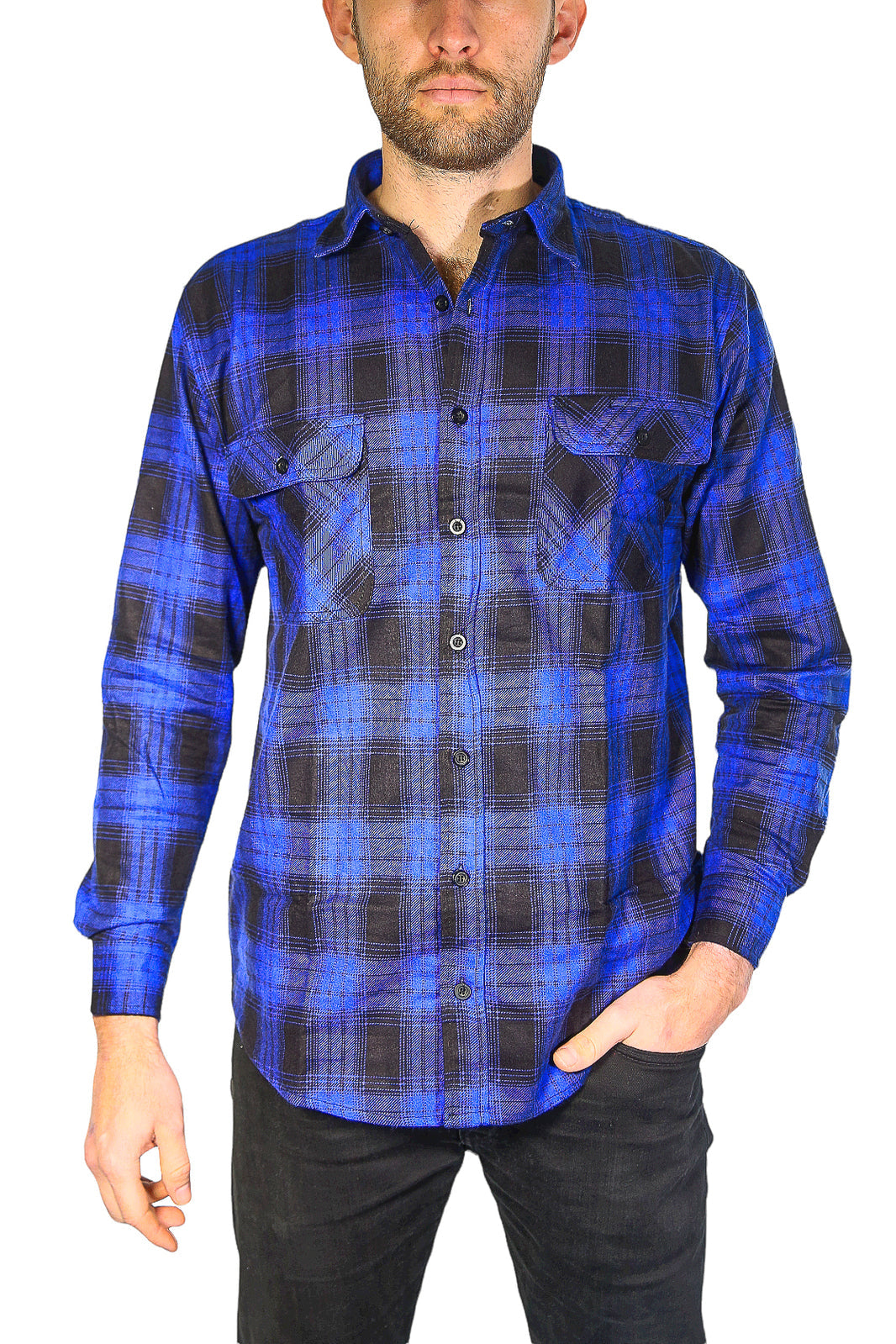 Mens Flannelette Long Sleeve Shirt 100% Cotton Check Authentic Flannel - Full Placket - Royal Blue-3