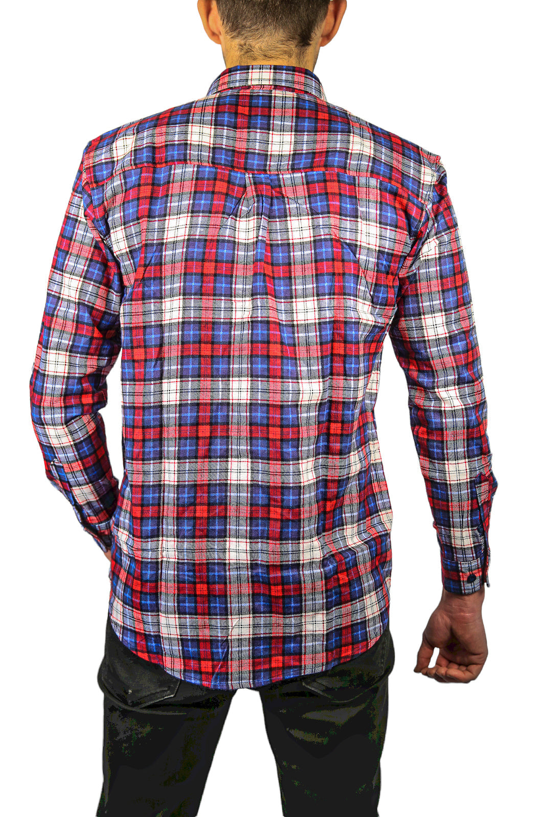 Mens Flannelette Long Sleeve Shirt 100% Cotton Check Authentic Flannel - Full Placket - Navy/Red/White-3