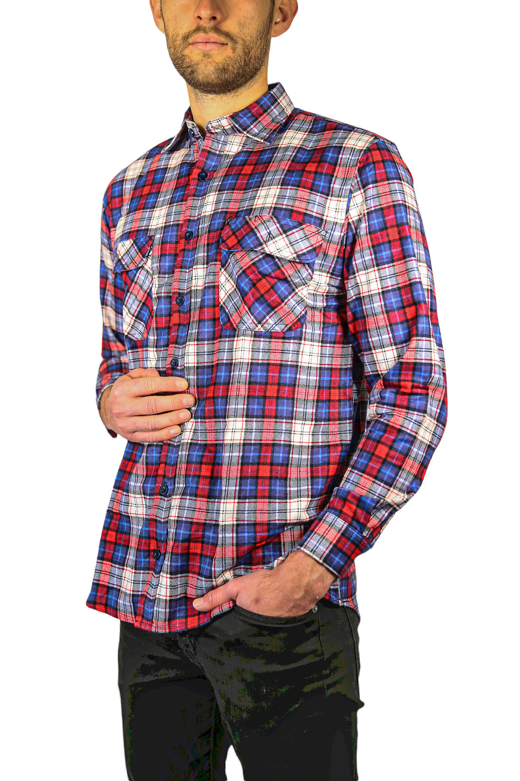 Mens Flannelette Long Sleeve Shirt 100% Cotton Check Authentic Flannel - Full Placket - Navy/Red/White-4