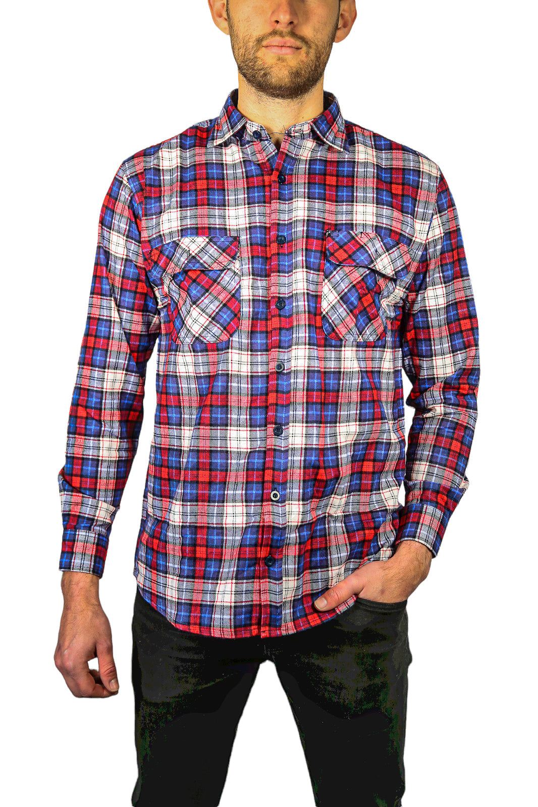 Mens Flannelette Long Sleeve Shirt 100% Cotton Check Authentic Flannel - Full Placket - Navy/Red/White-1