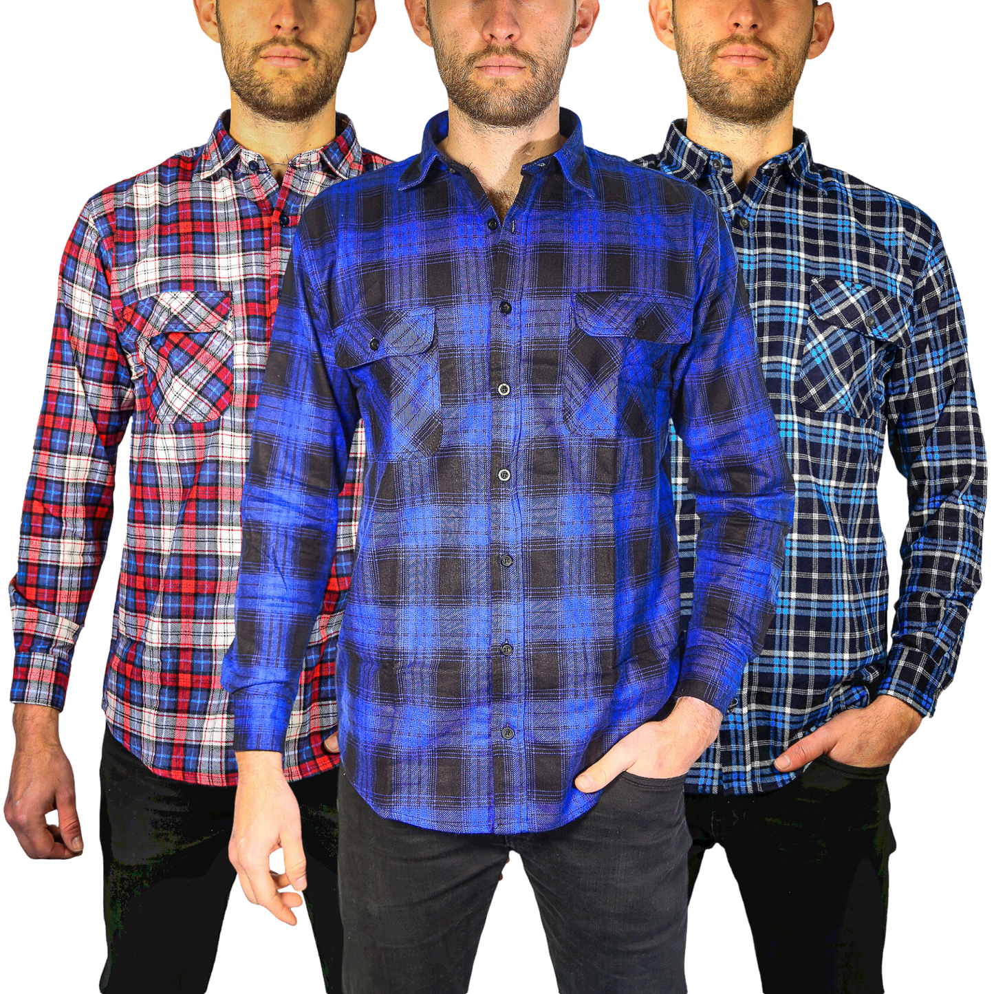 Mens Flannelette Long Sleeve Shirt 100% Cotton Check Authentic Flannel - Full Placket - Royal Blue-4