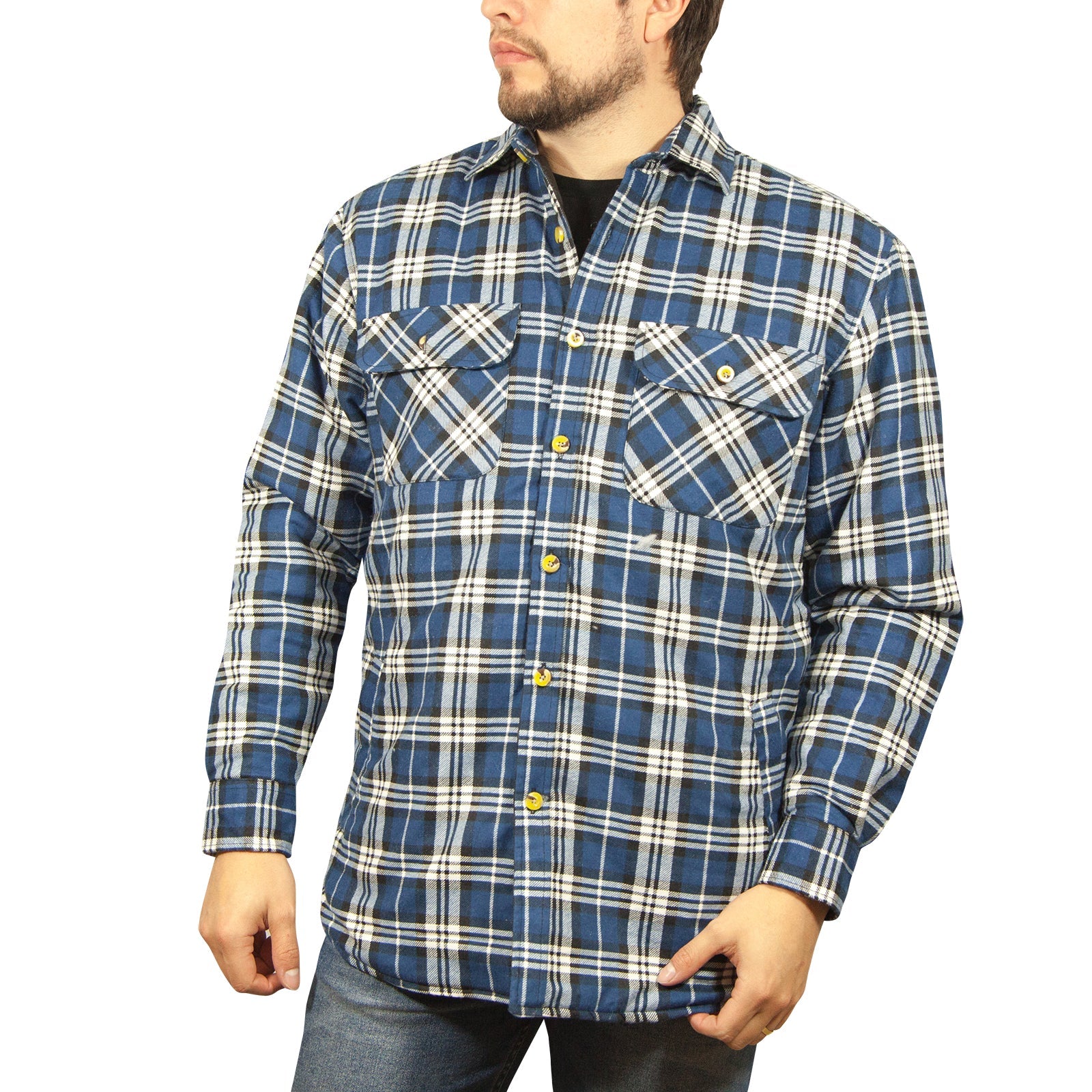 Mens Flannelette Long Sleeve Shirt 100% Cotton Check - Full Placket - Spanish Blue-0