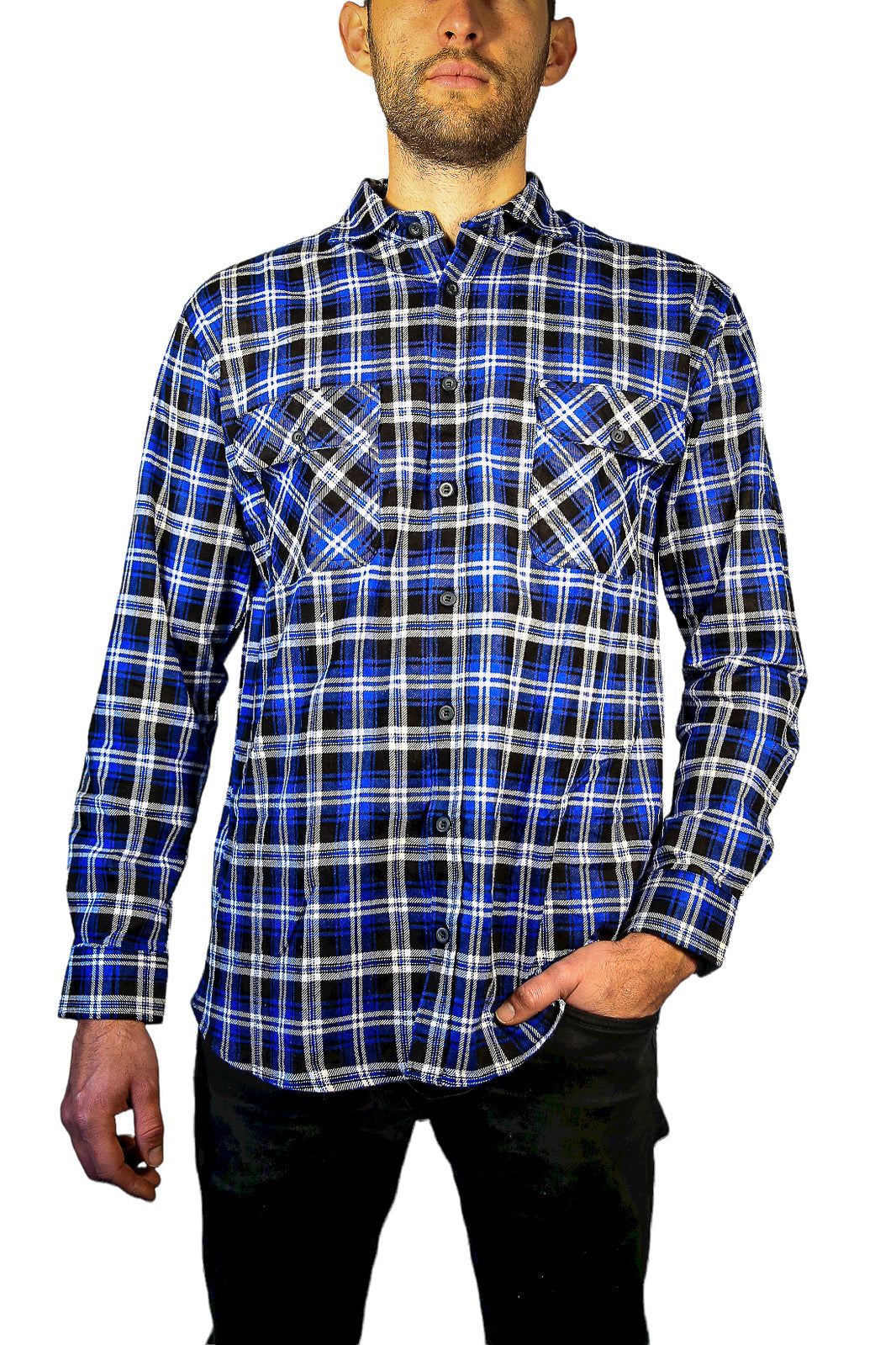 Mens 100% Cotton Flannelette Shirt Long Sleeve Check Authentic Flannel - Denim-0