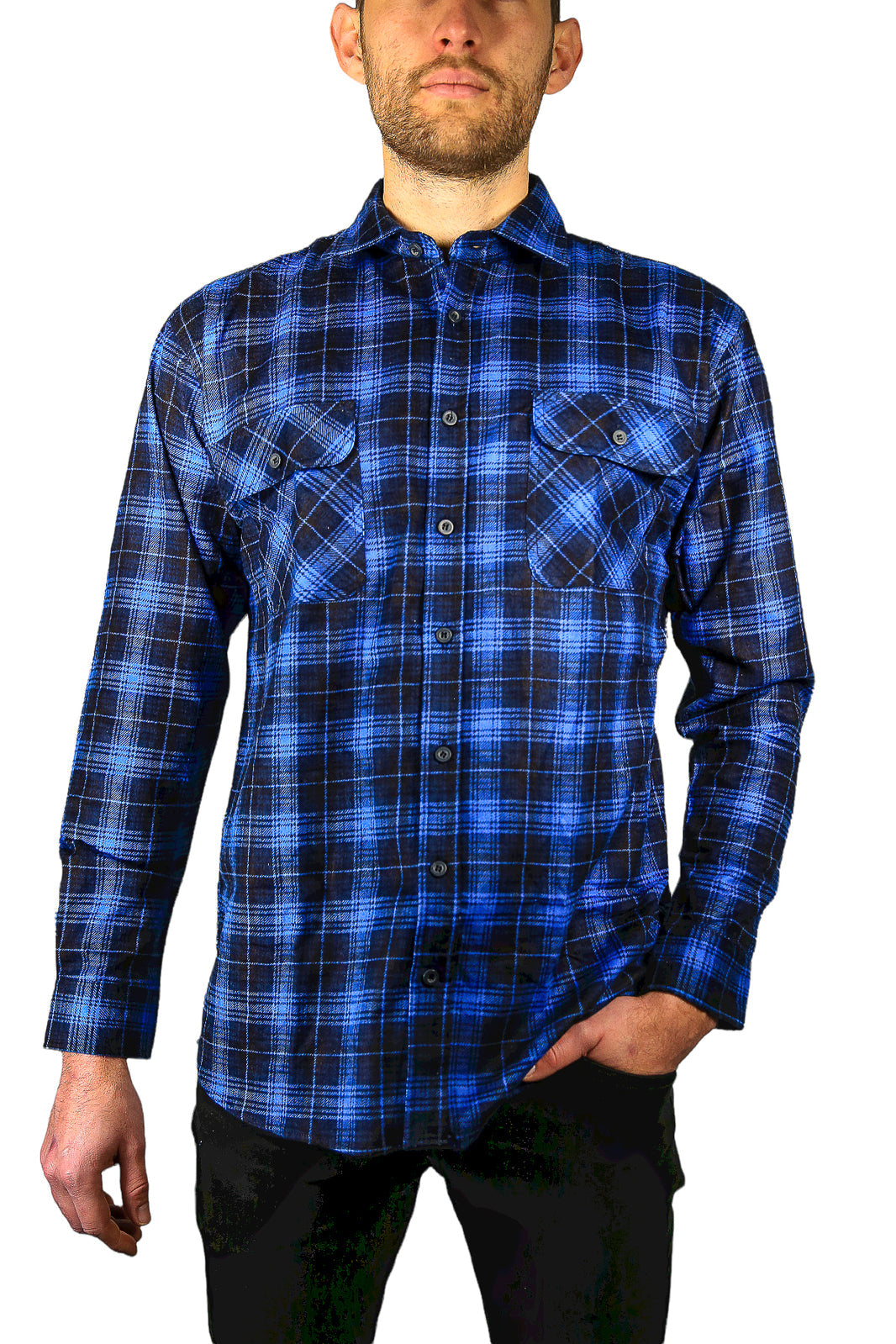 Mens 100% Cotton Flannelette Shirt Long Sleeve Check Authentic Flannel - Blue-1
