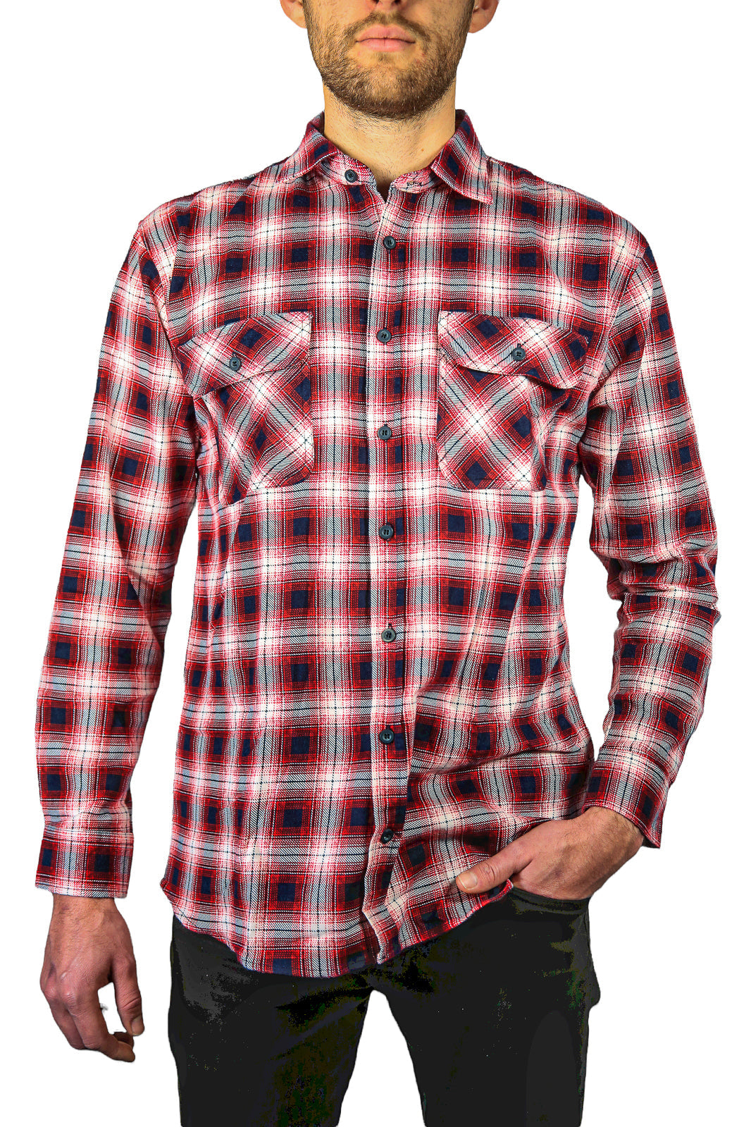 Mens 100% Cotton Flannelette Shirt Long Sleeve Check Authentic Flannel - Red/Navy-1