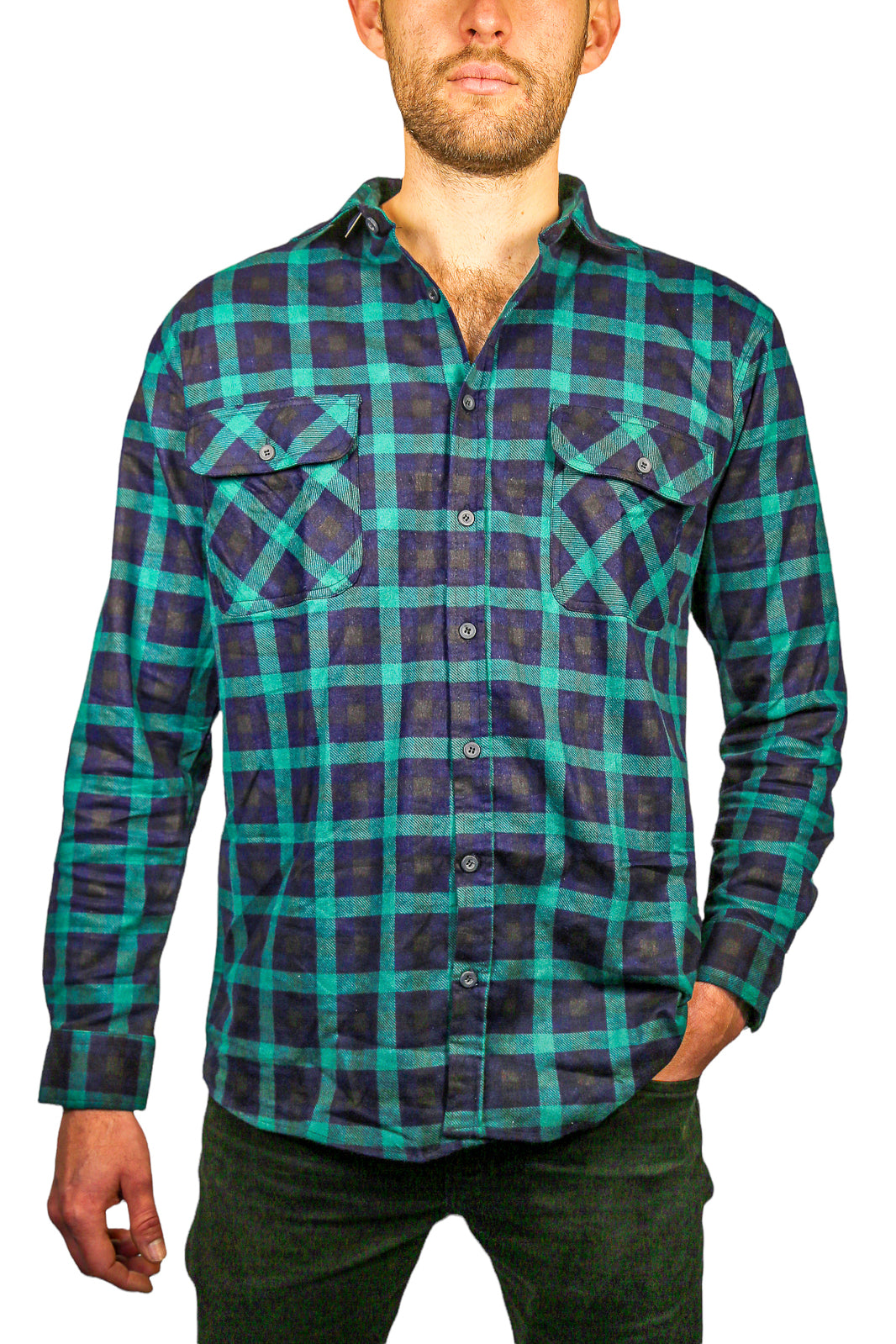 Mens 100% Cotton Flannelette Shirt Long Sleeve Check Authentic Flannel - Green/Navy-1
