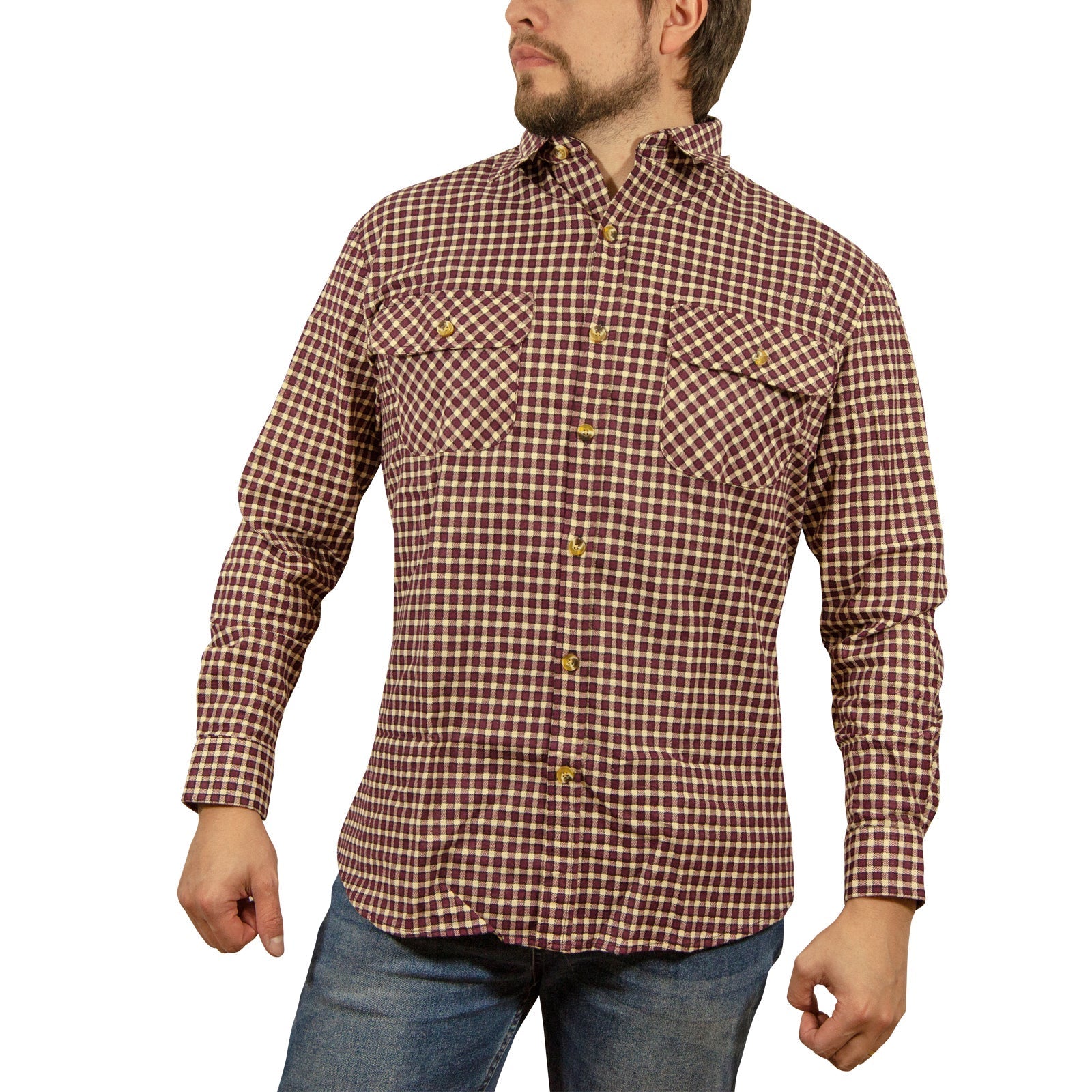 Mens Long Sleeve Flannelette Shirt 100% Cotton Flannel - Burgundy Check-4