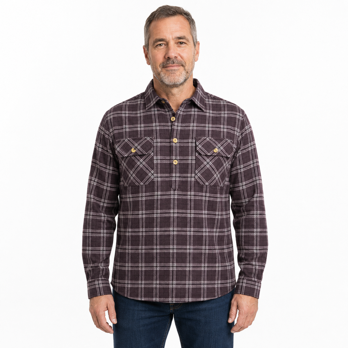 Mens Half Placket Flannelette Long Sleeve Pullover Shirt 100% Cotton Check Authentic Flannel - Burgundy