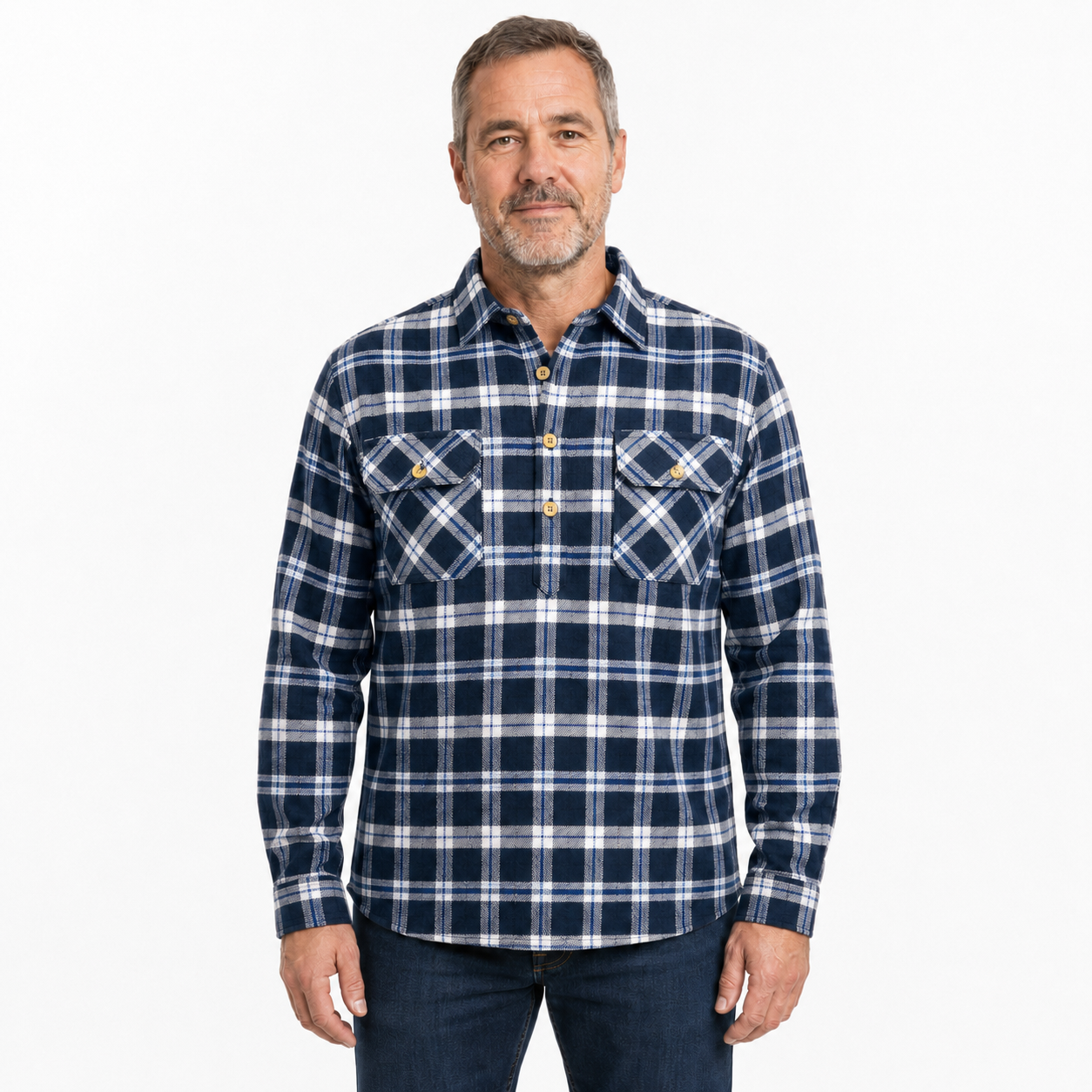 Mens Long Sleeve Flannel Pullover Shirt - 100% Cotton Check Half Placket Flannelette - White/Blue Denim-0