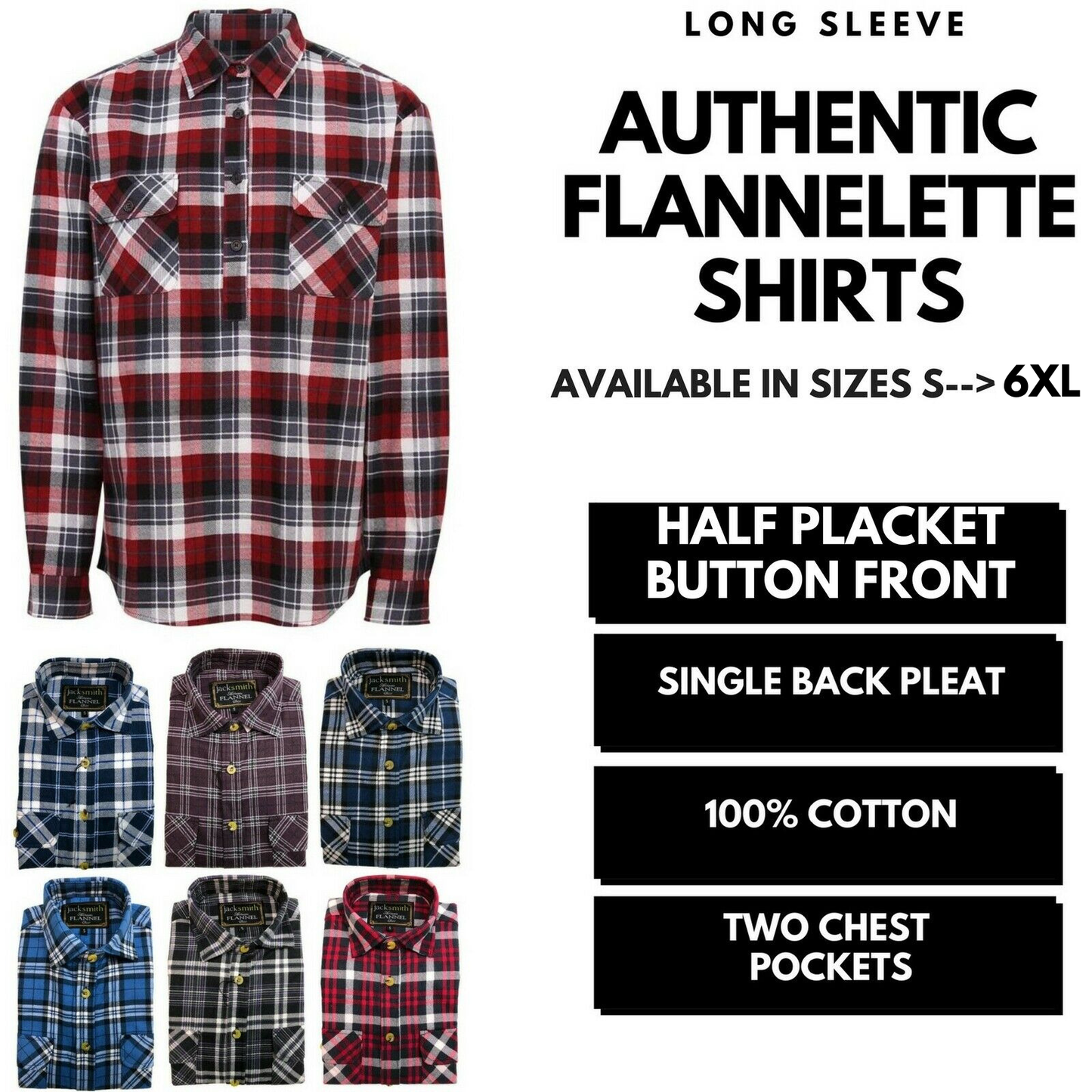 Mens Half Placket Flannelette Long Sleeve Pullover Shirt 100% Cotton Check Authentic Flannel-1