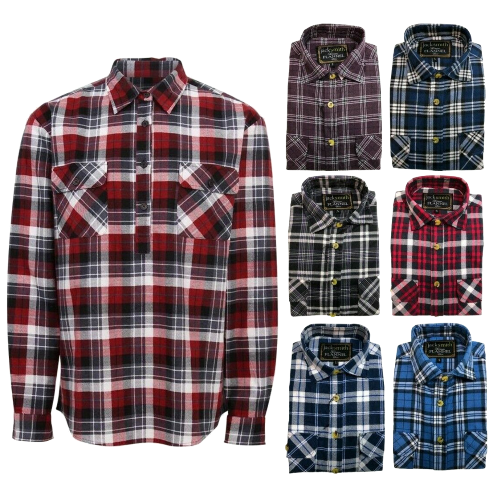 Mens Half Placket Flannelette Long Sleeve Pullover Shirt 100% Cotton Check Authentic Flannel-0
