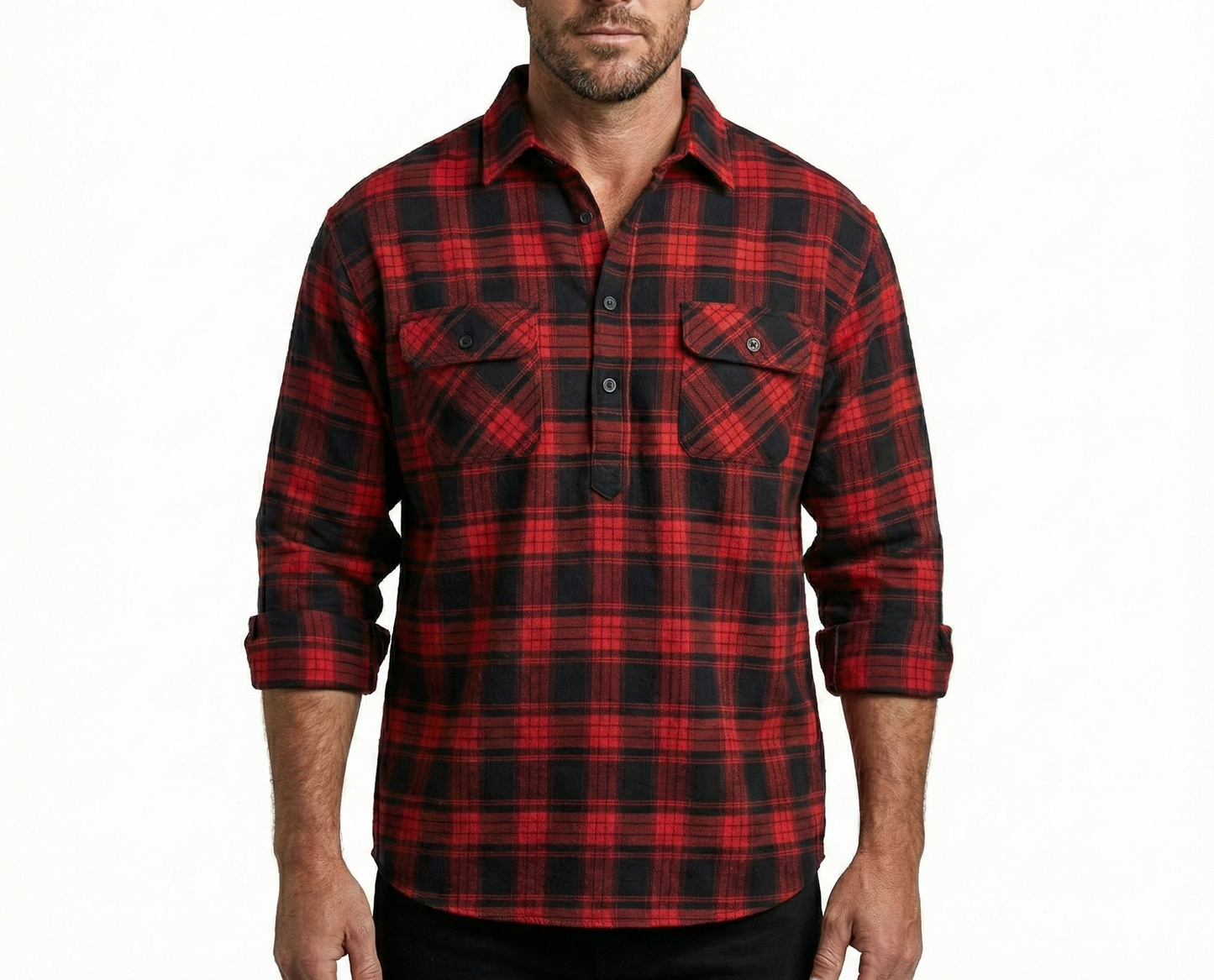 Mens Long Sleeve Flannel Pullover Shirt - Black/Red (100% Cotton Half Button Flannelette)-0