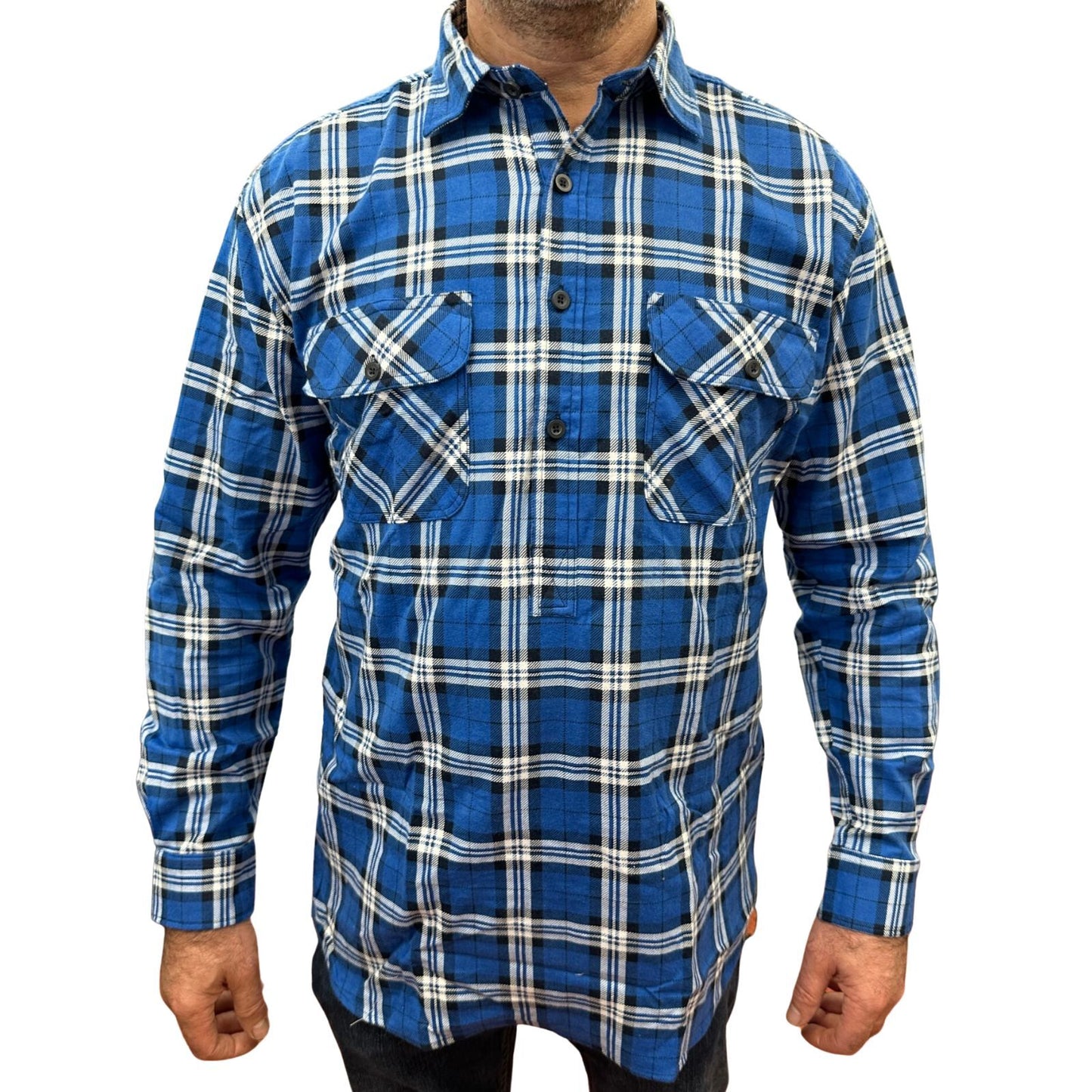 Mens Flannelette Long Sleeve Pullover Shirt 100% Cotton Flannel - Half Placket - Navy-1