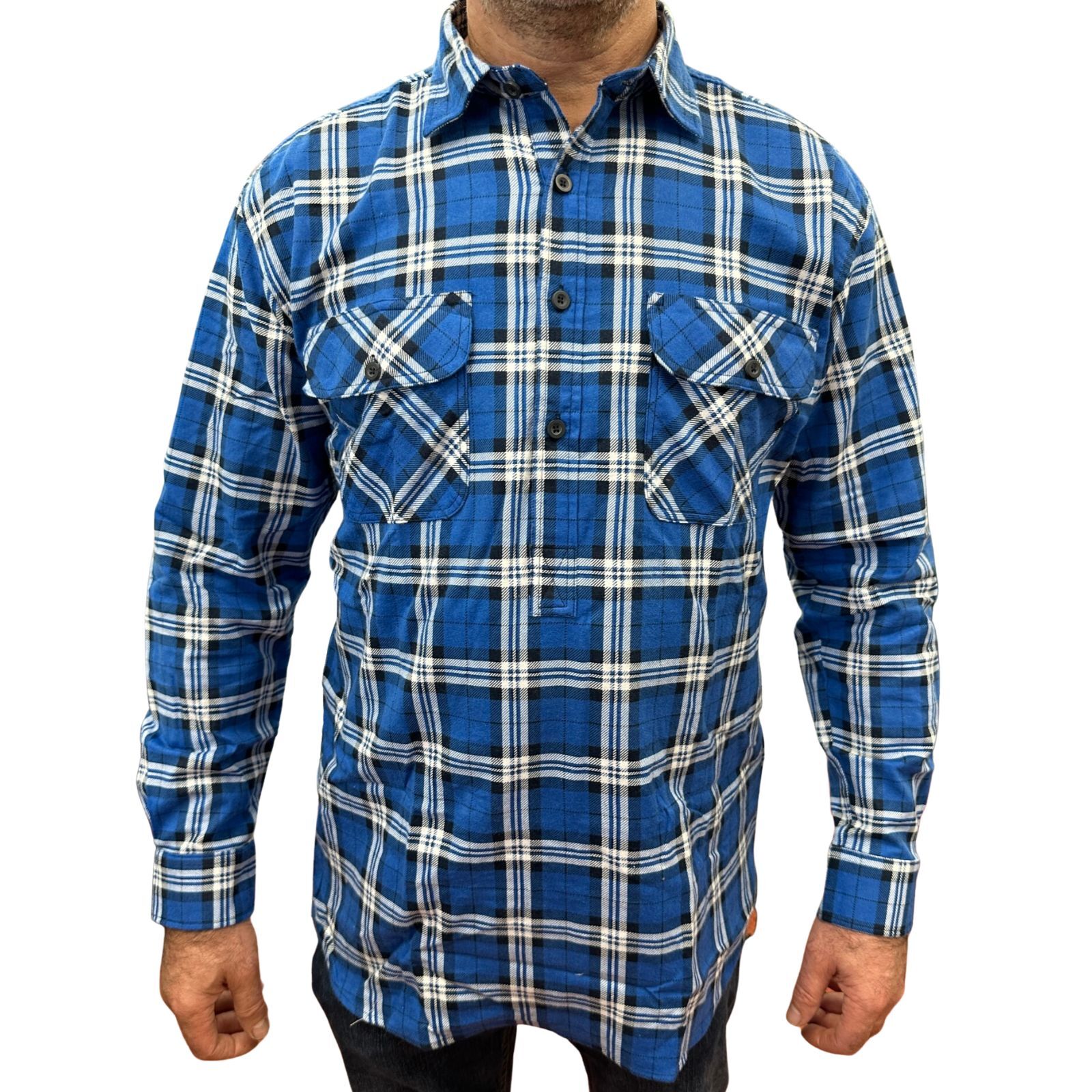 Mens Flannelette Long Sleeve Pullover Shirt 100% Cotton Flannel - Half Placket - Navy-1