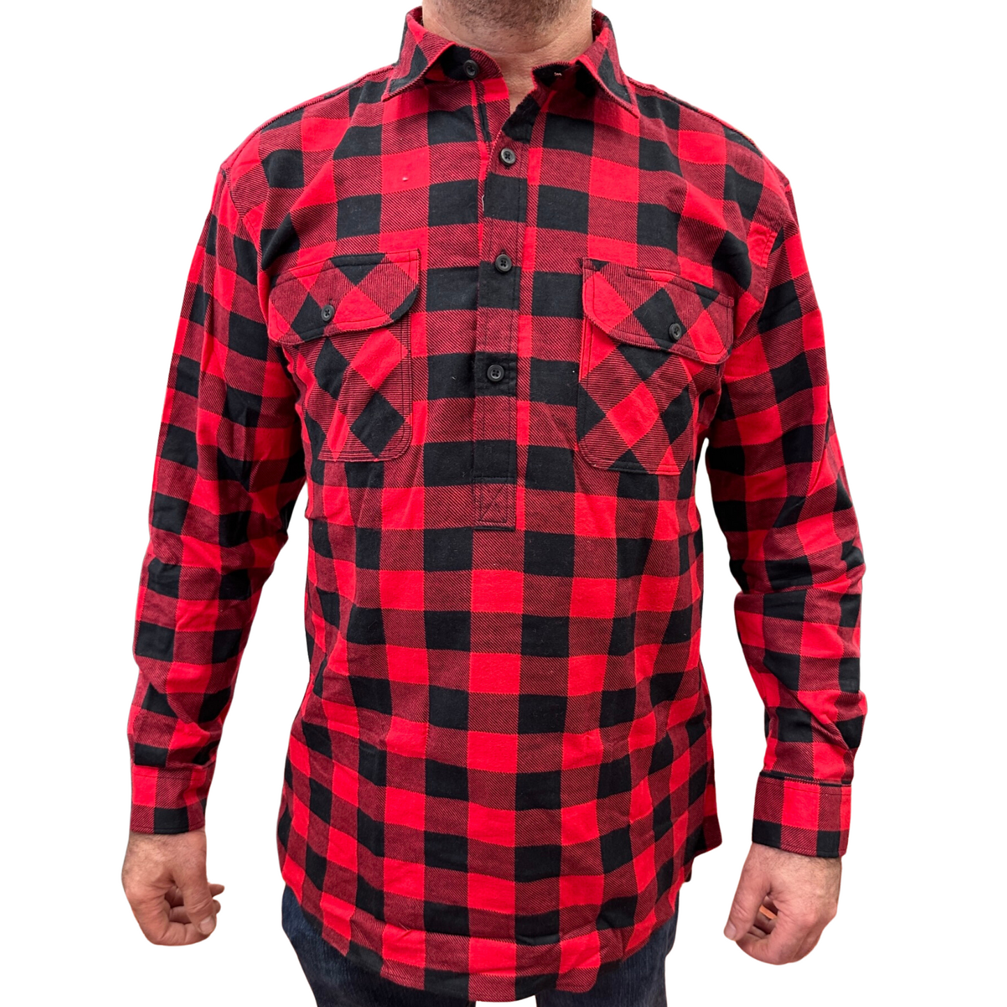 Mens Flannelette Long Sleeve Pullover Shirt 100% Cotton Flannel - Half Placket - Red/Black-1