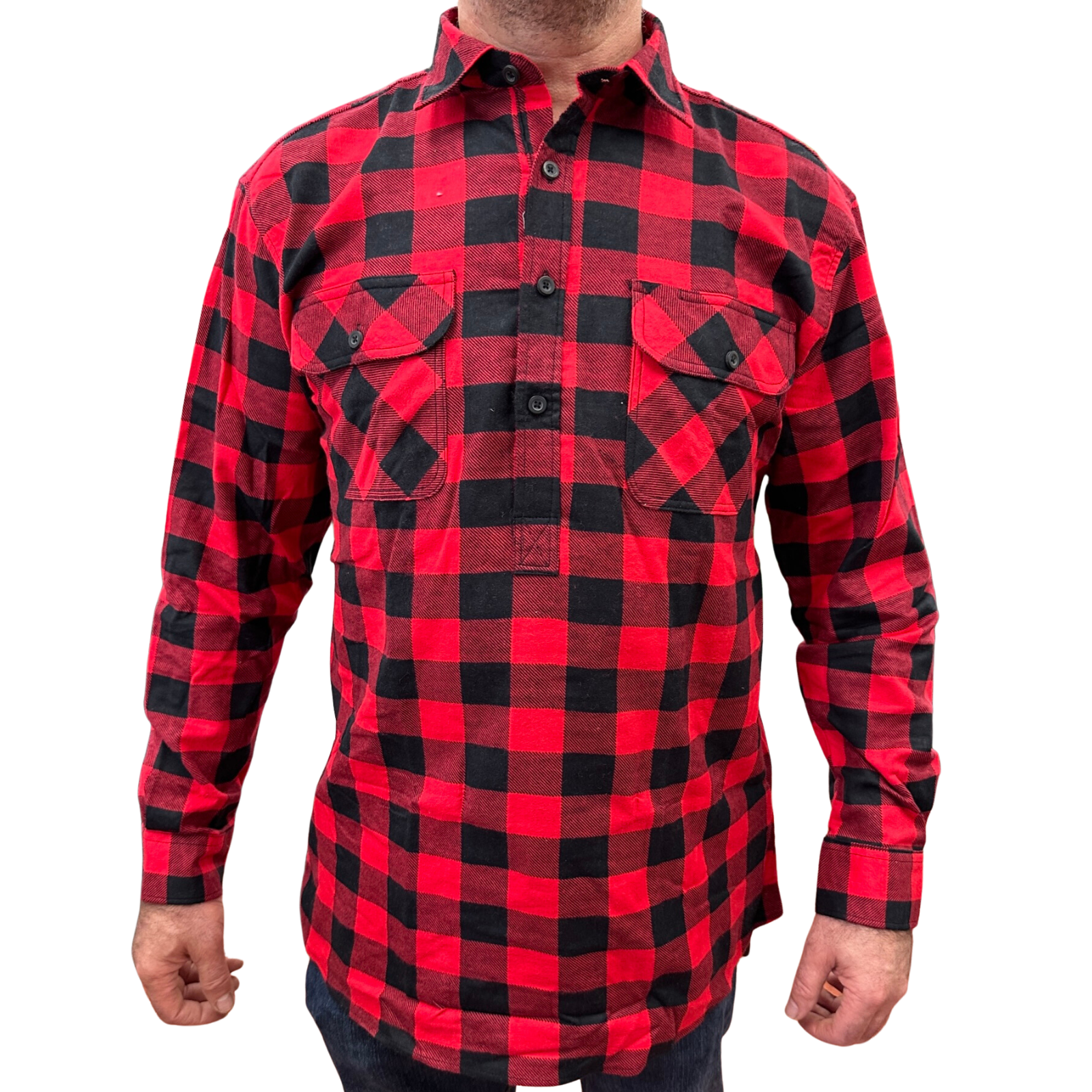 Mens Flannelette Long Sleeve Pullover Shirt 100% Cotton Flannel - Half Placket - Red/Black-1