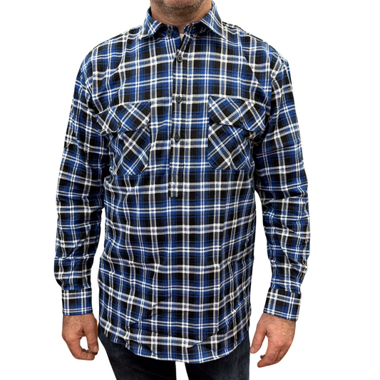Mens Flannelette Long Sleeve Pullover Shirt 100% Cotton Flannel - Half Placket - Blue/Black-0