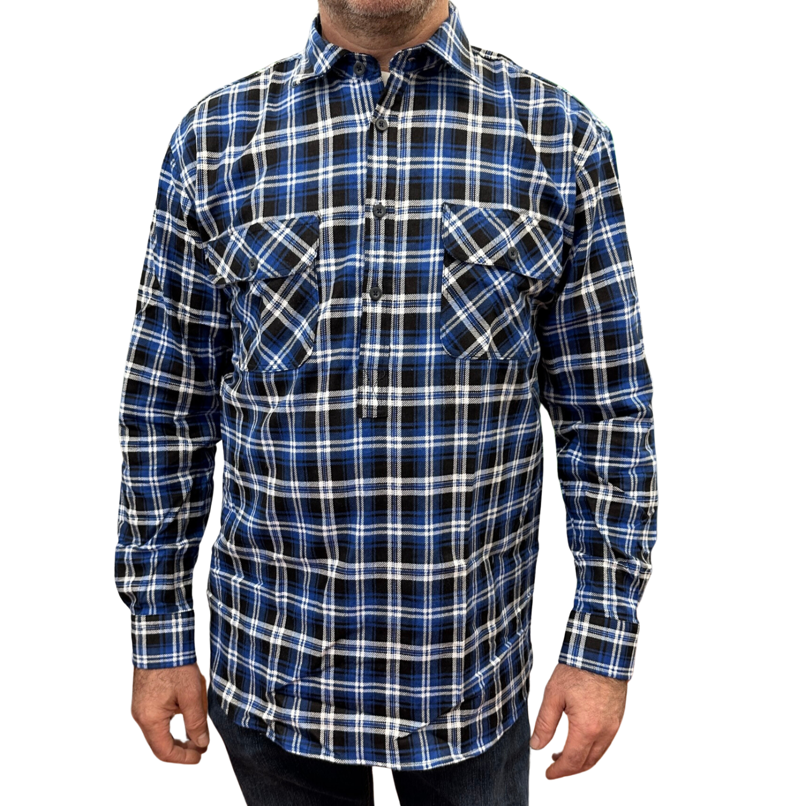 Mens Flannelette Long Sleeve Pullover Shirt 100% Cotton Flannel - Half Placket - Blue/Black-1