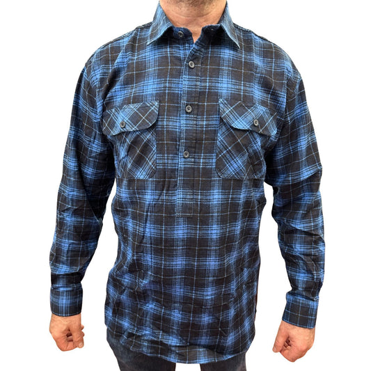 Mens Flannelette Long Sleeve Pullover Shirt 100% Cotton Flannel - Half Placket - Blue-0