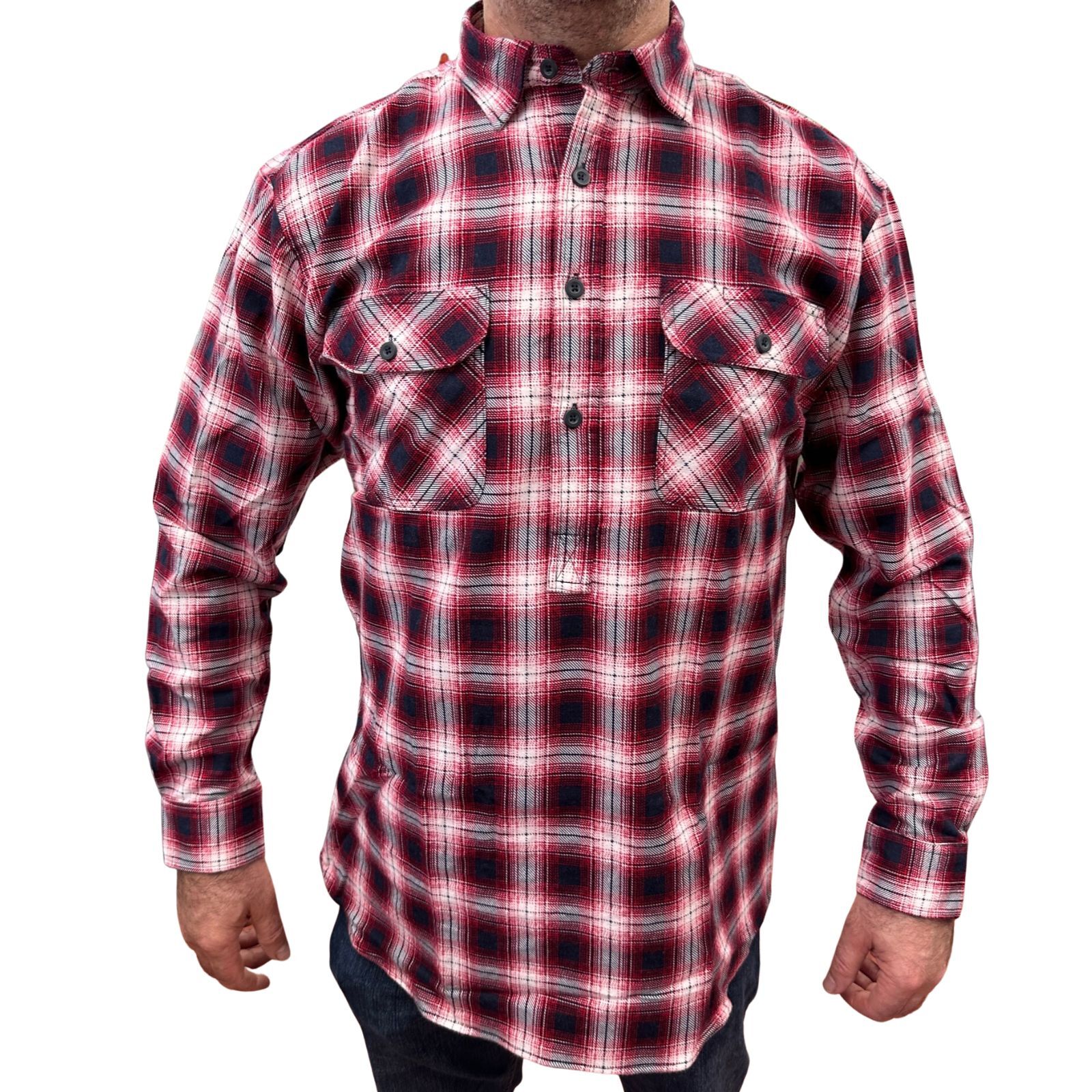Mens Flannelette Long Sleeve Pullover Shirt 100% Cotton Flannel - Half Placket - Red/Black/White-1