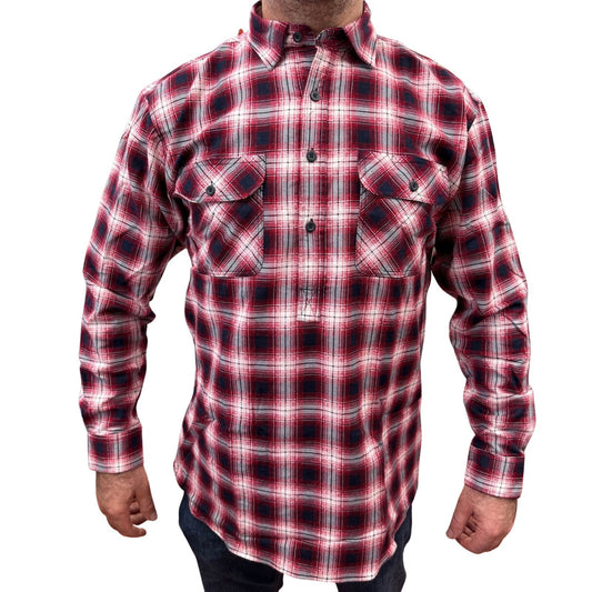 Mens Flannelette Long Sleeve Pullover Shirt 100% Cotton Flannel - Half Placket - Red/Black/White-0