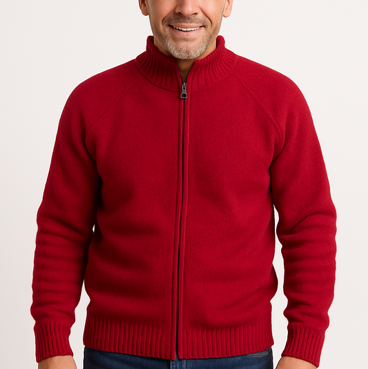 Full Zip 100% SHETLAND WOOL Up Knit JUMPER Pullover Mens Sweater Knitted - Red-0