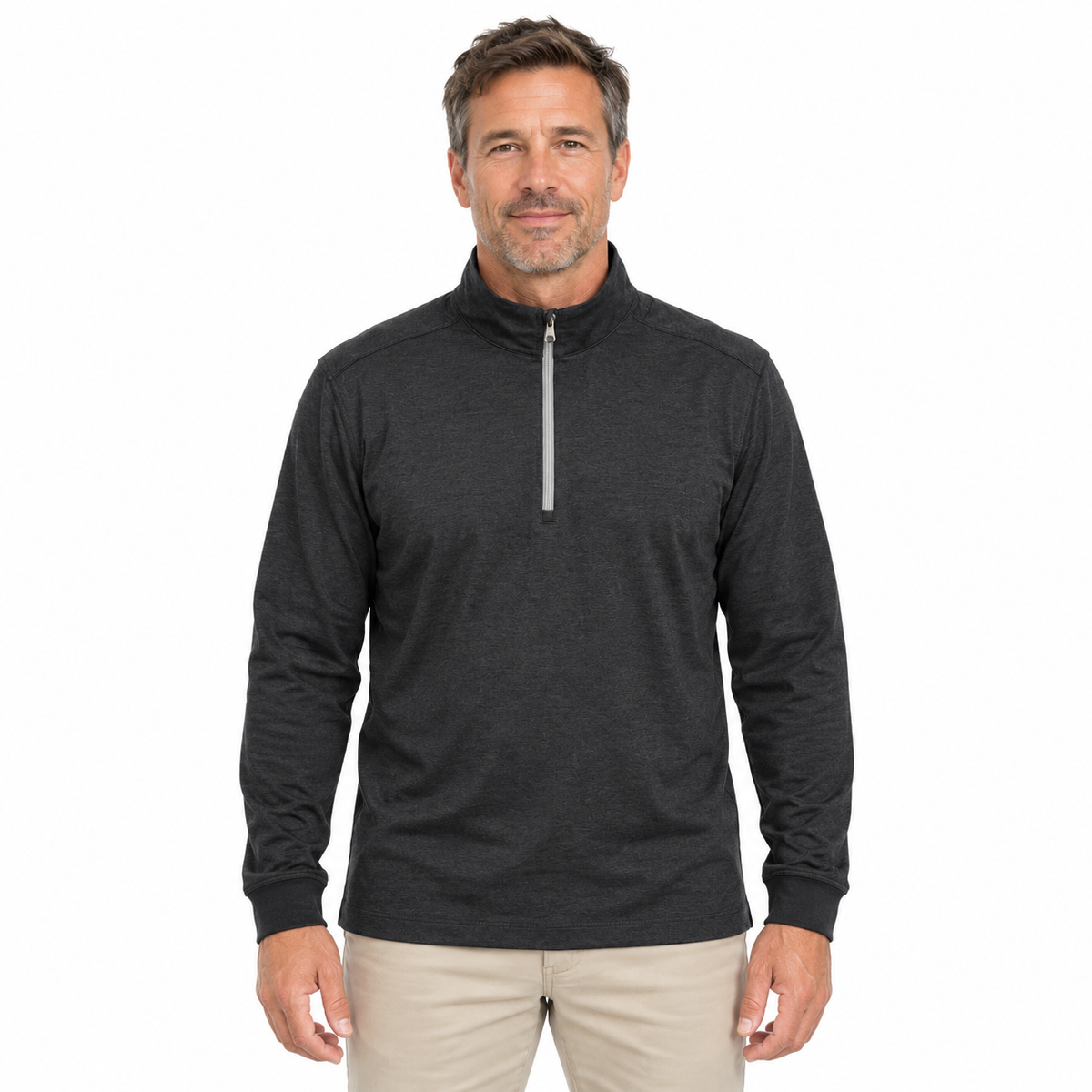 Greg Norman Mens Heathered 1/4 Zip Mock Long Sleeve Polo Top Shirt in Black/Heather