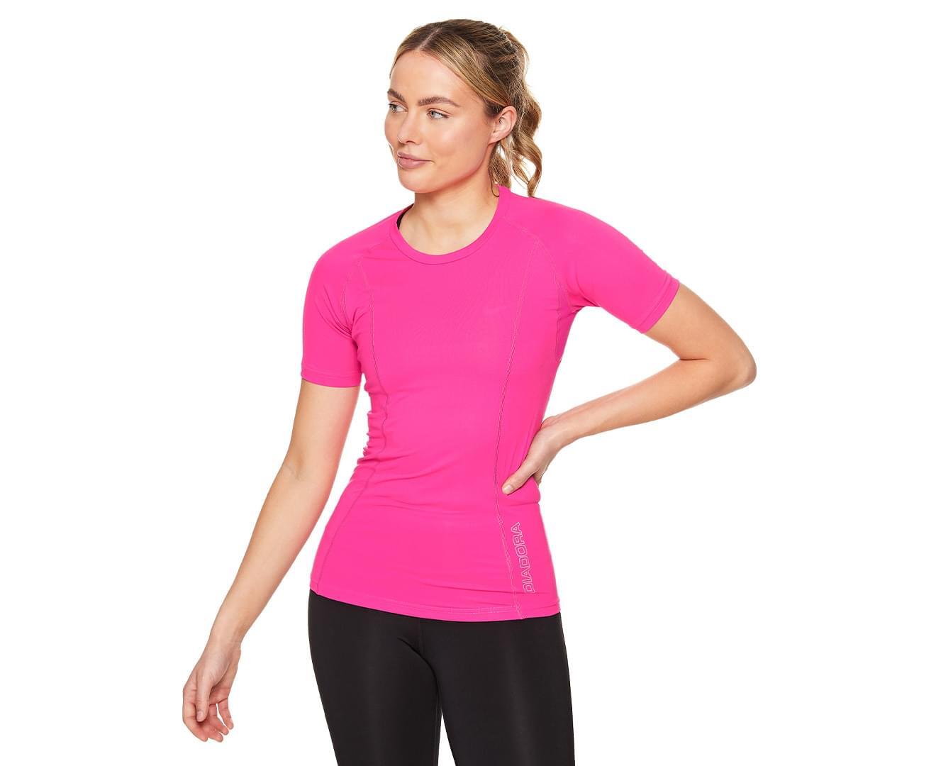 DIADORA Ladies Compression Short Sleeve Top Fitness Gym Yoga - Pink-1