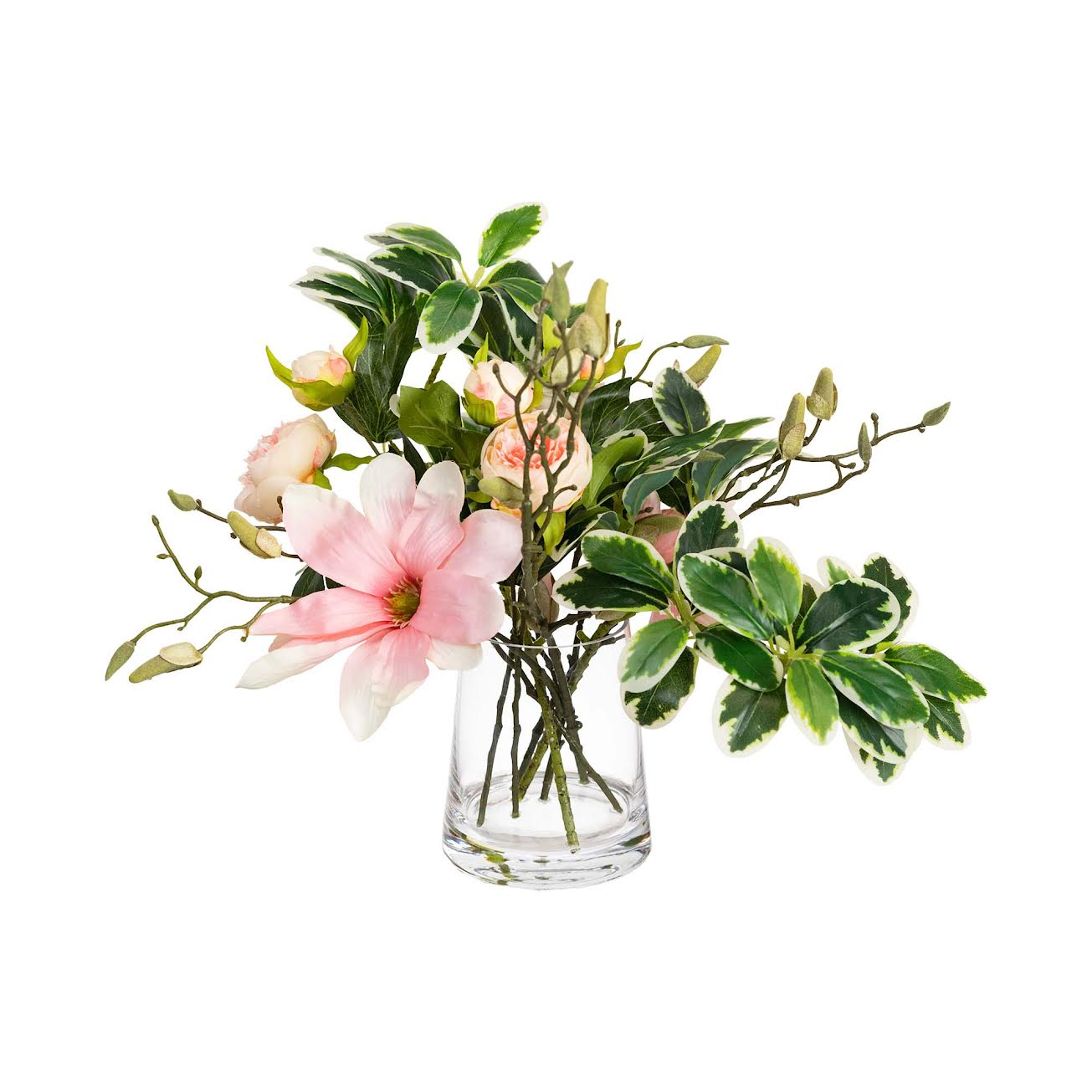 50cm Faux Magnolia Arrangement in Glass Vase Artificial Plant Flower Tree Fake