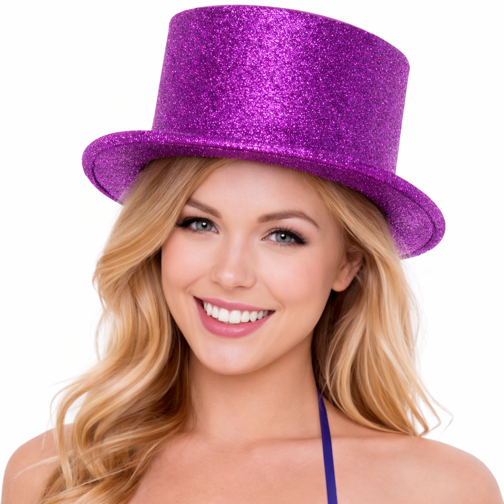 Glitter Top Hat Adult Costume Fancy Dress Party Plastic Tall Hat - Purple